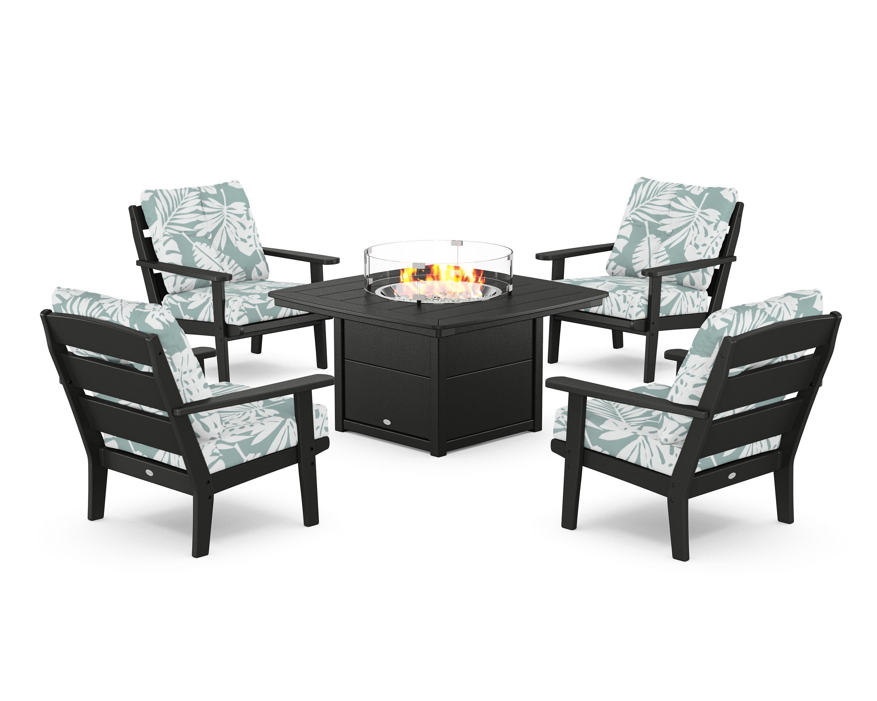 Lakeside 5-Piece Deep Seating Set with Nautical Fire Pit Table in Black / Leaf Glacier Spa