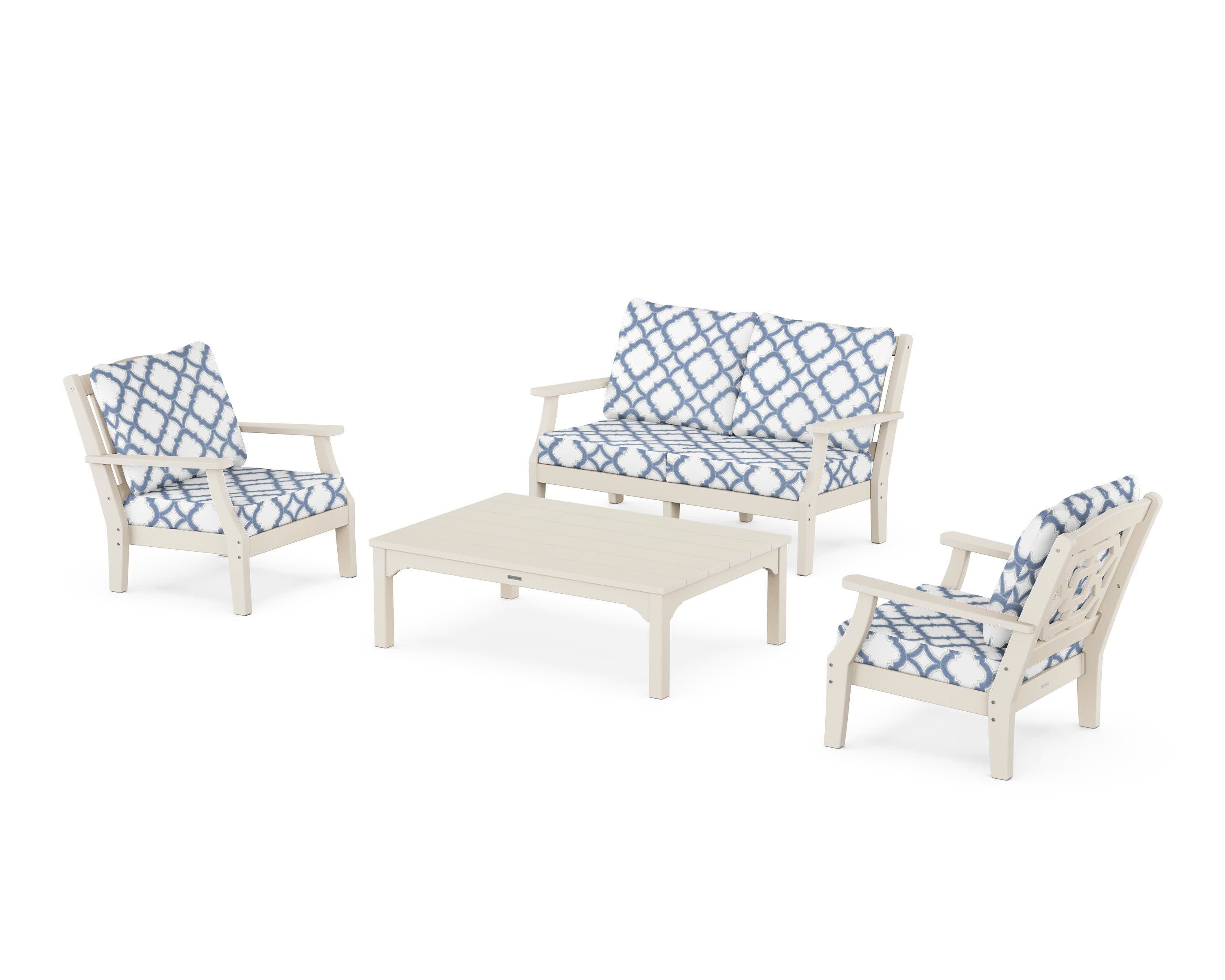 Chinoiserie 4-Piece Deep Seating Set with Loveseat in Sand / Trellis Sky Blue