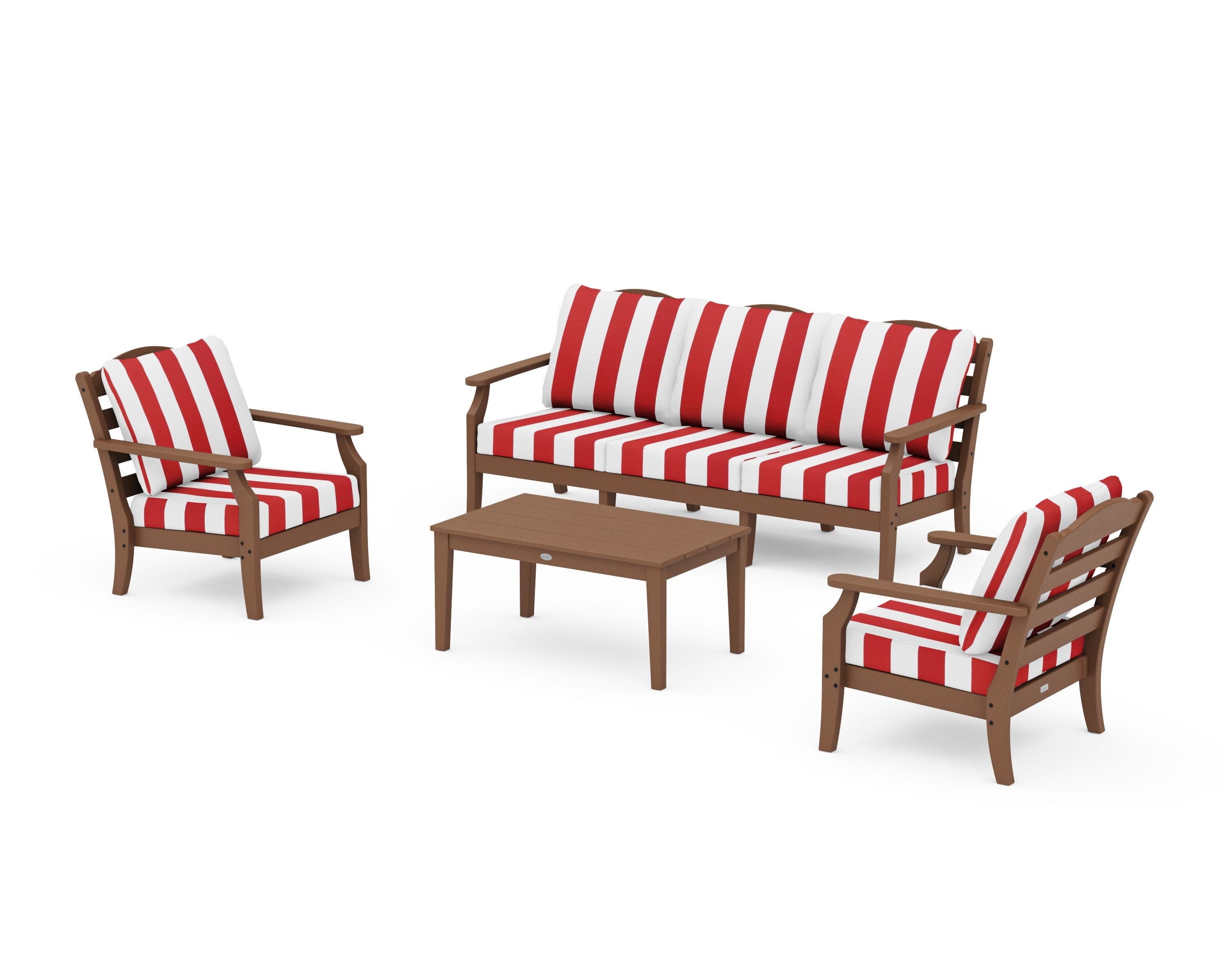 Savannah 4-Piece Deep Seating Set with Sofa in Teak / Cabana Stripe Crimson