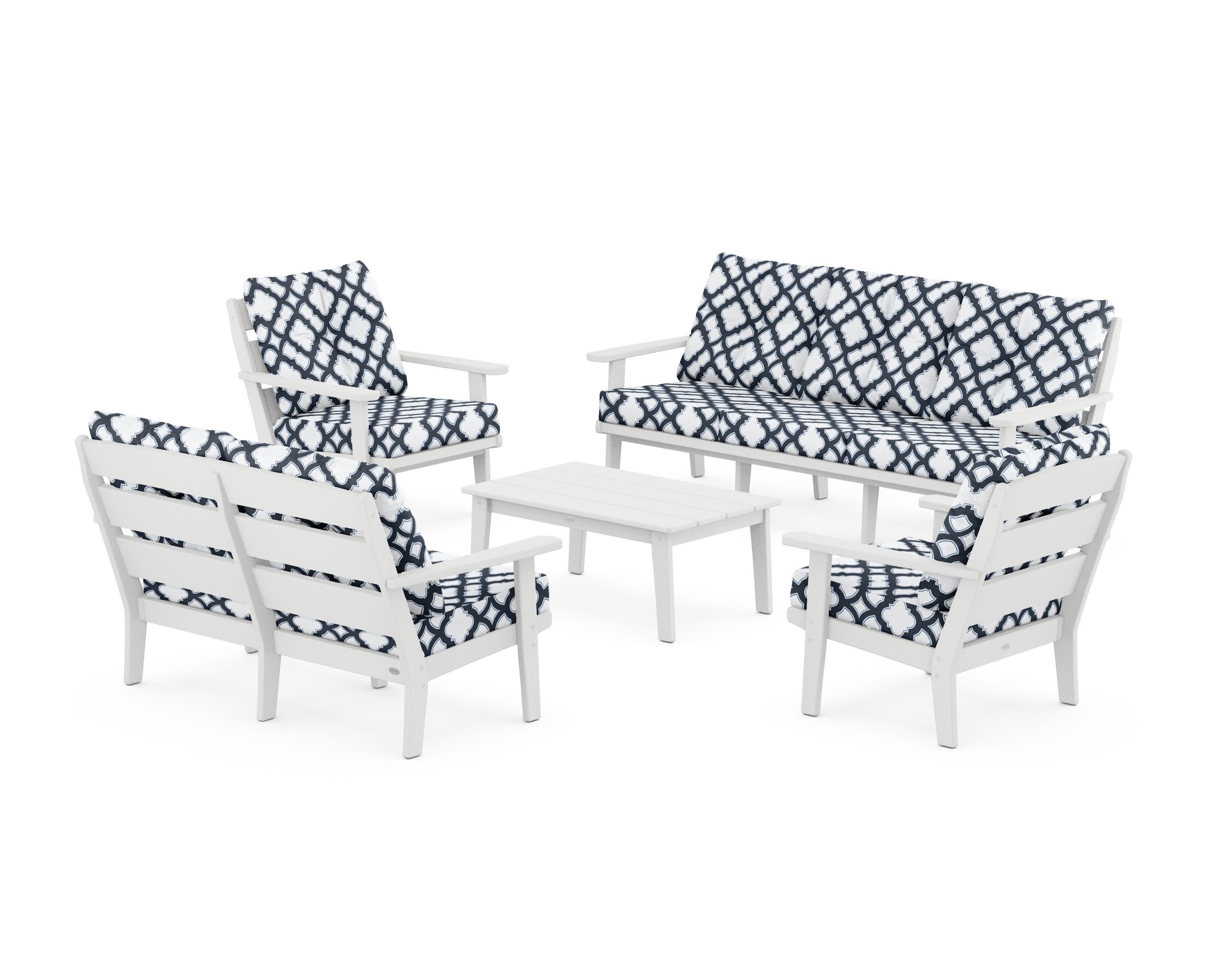 Lakeside 5-Piece Lounge Sofa Set in White / Trellis Marine Indigo