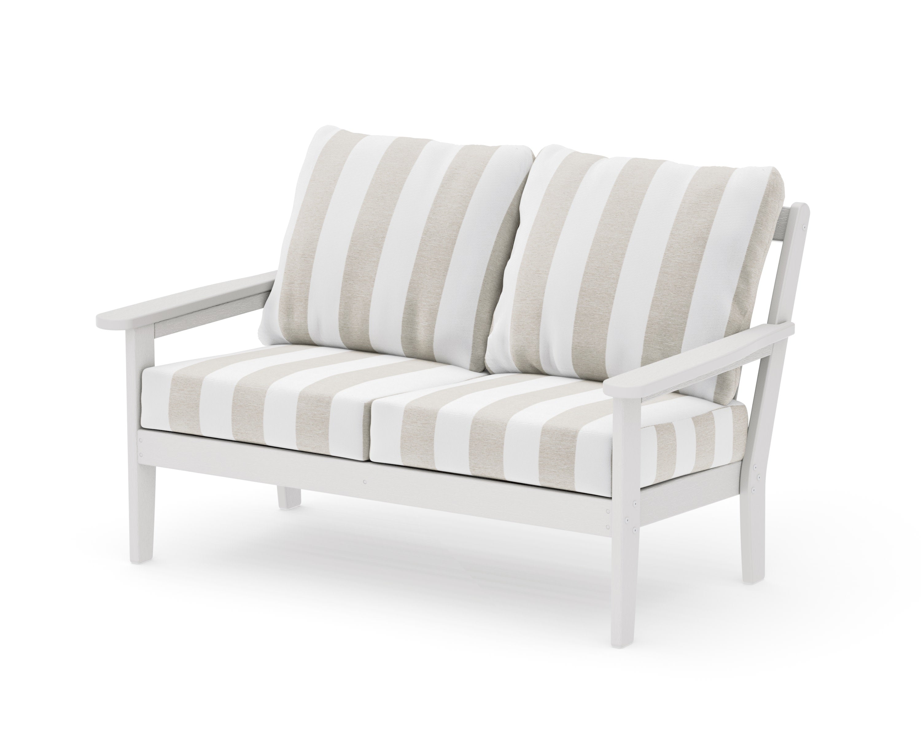 Cottage Deep Seating Loveseat in Vintage White / Cabana Stripe Dune Burlap
