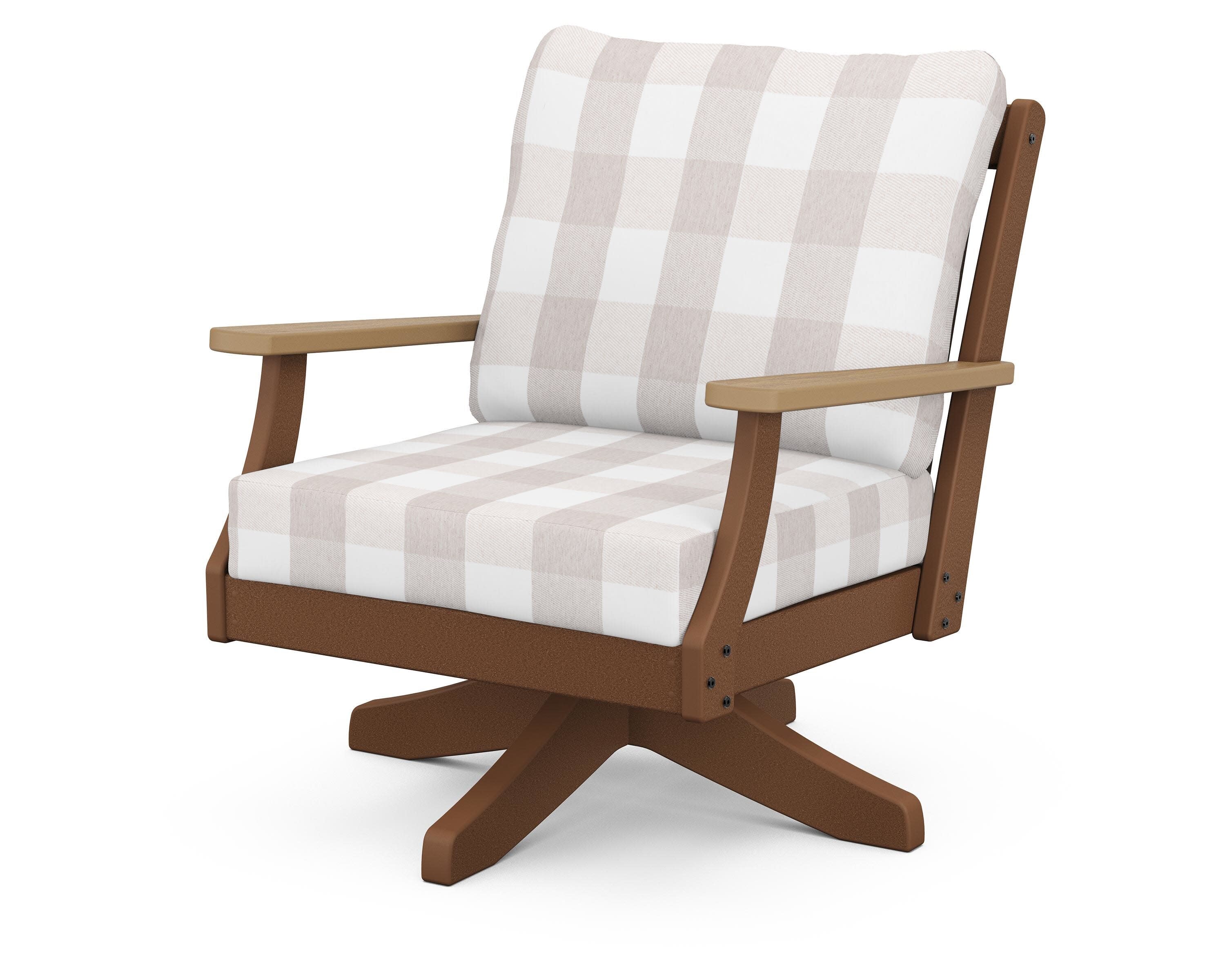 Braxton Deep Seating Swivel Chair in Teak / Natural / Buffalo Plaid Dune Burlap