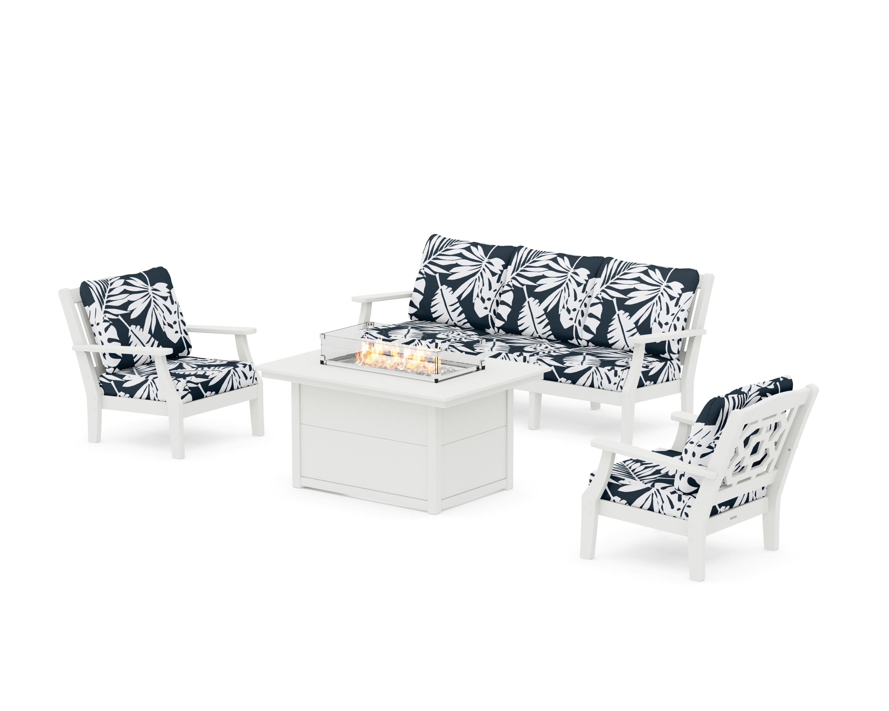 Chinoiserie Deep Seating Fire Pit Table Set in Vintage White / Leaf Marine Indigo