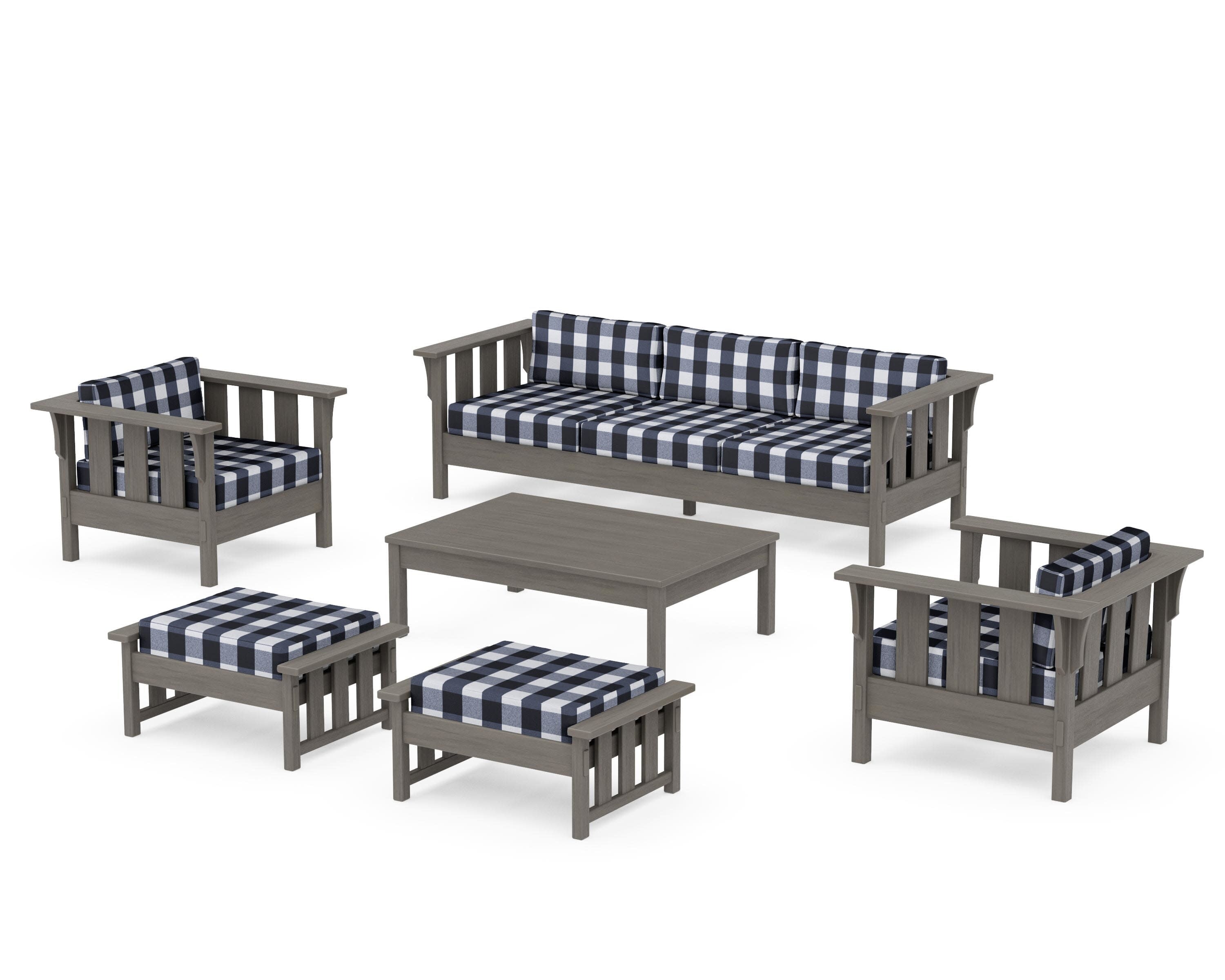Acadia 6-Piece Lounge Sofa Set in Driftwood / Buffalo Plaid Marine Indigo