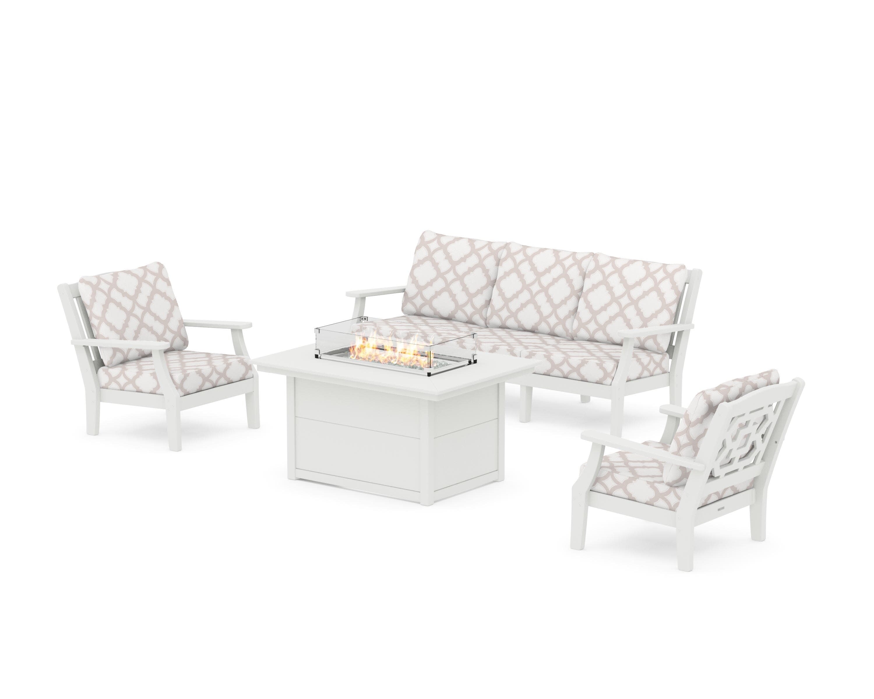 Chinoiserie Deep Seating Fire Pit Table Set in Vintage White / Trellis Dune Burlap