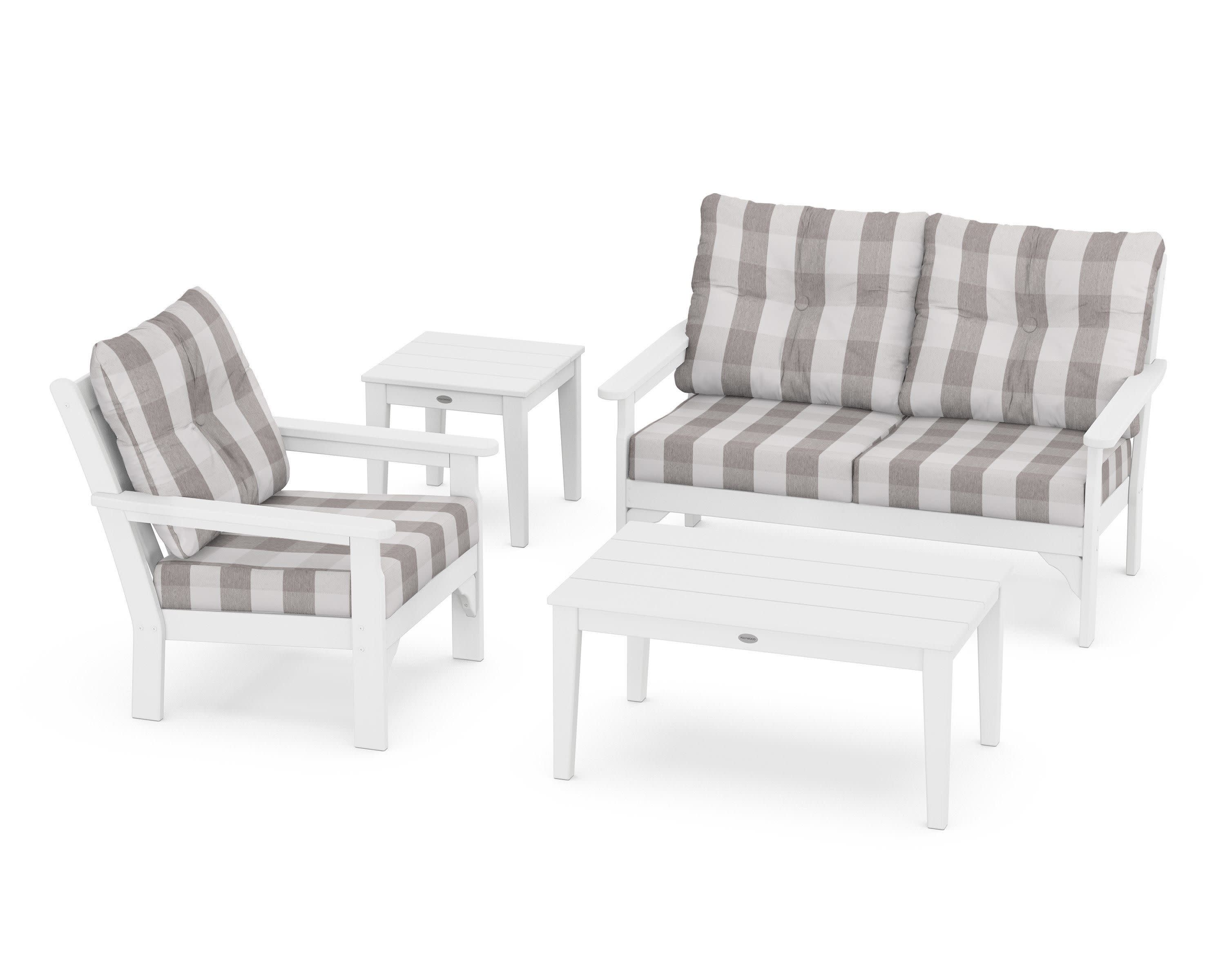 Vineyard 4-Piece Deep Seating Set in White / Buffalo Plaid Grey Mist