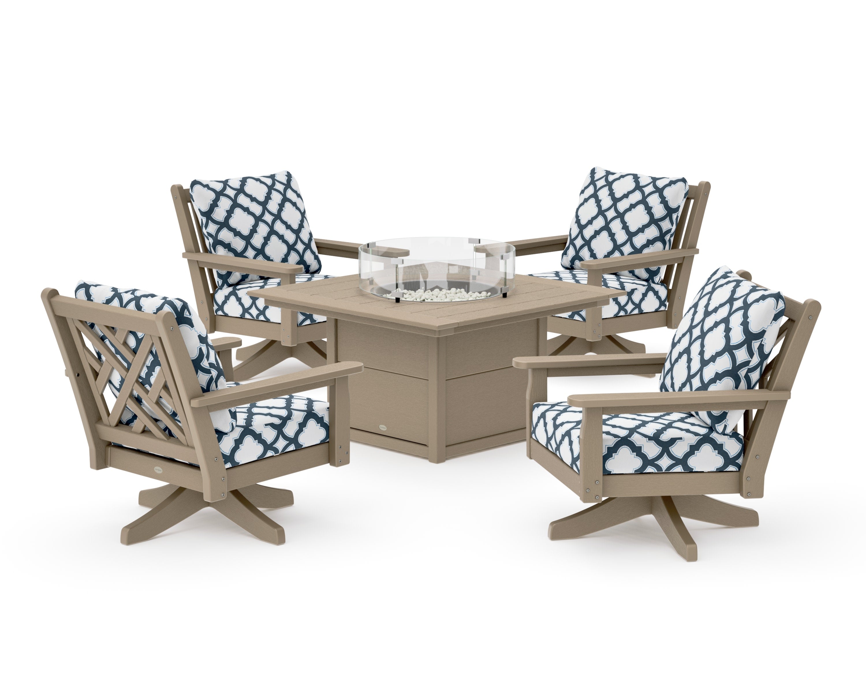 Chippendale 5-Piece Deep Seating Swivel Conversation Set with Fire Pit Table in Vintage Sahara / Trellis Marine Indigo
