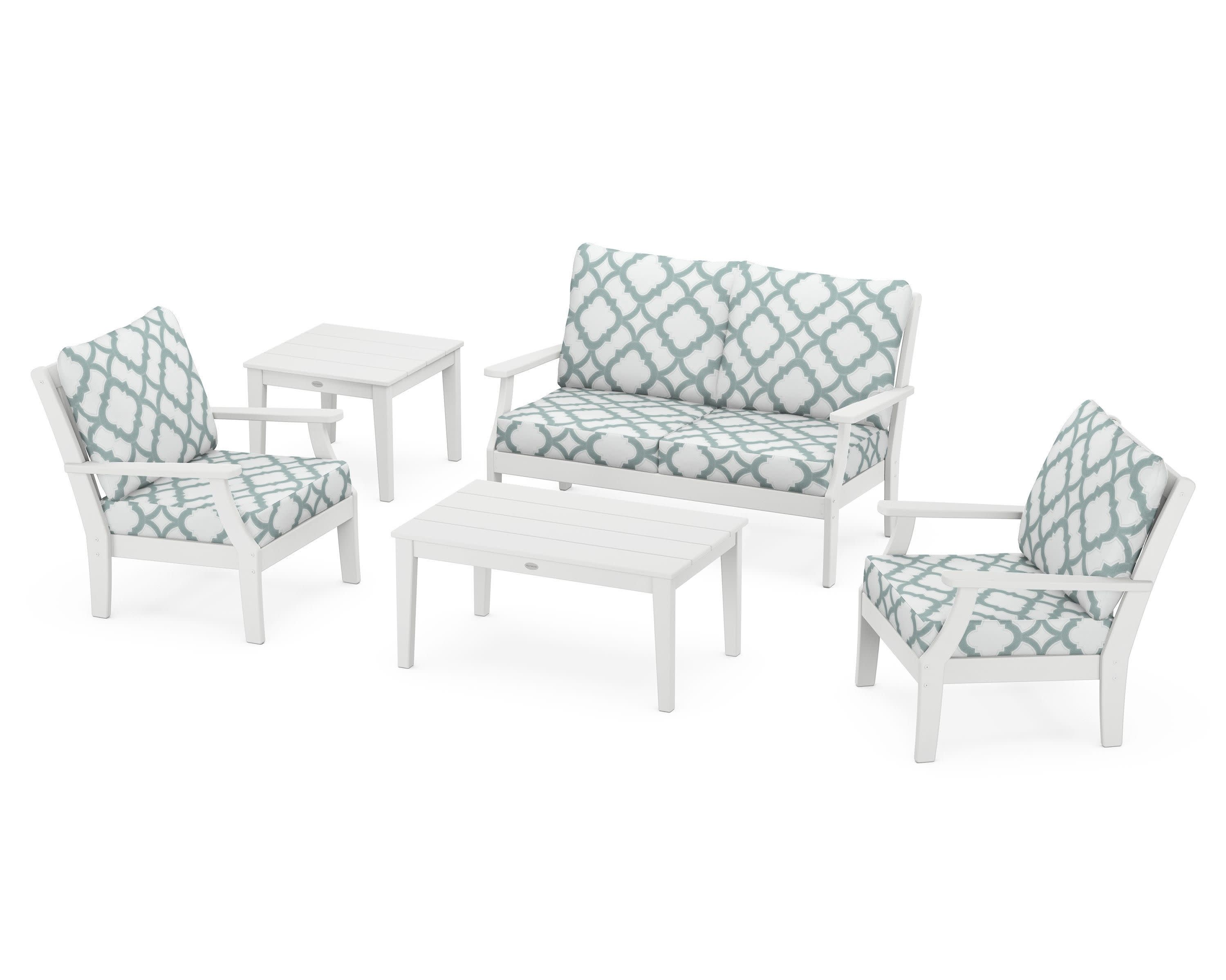 Braxton 5-Piece Deep Seating Set in White / Trellis Glacier Spa