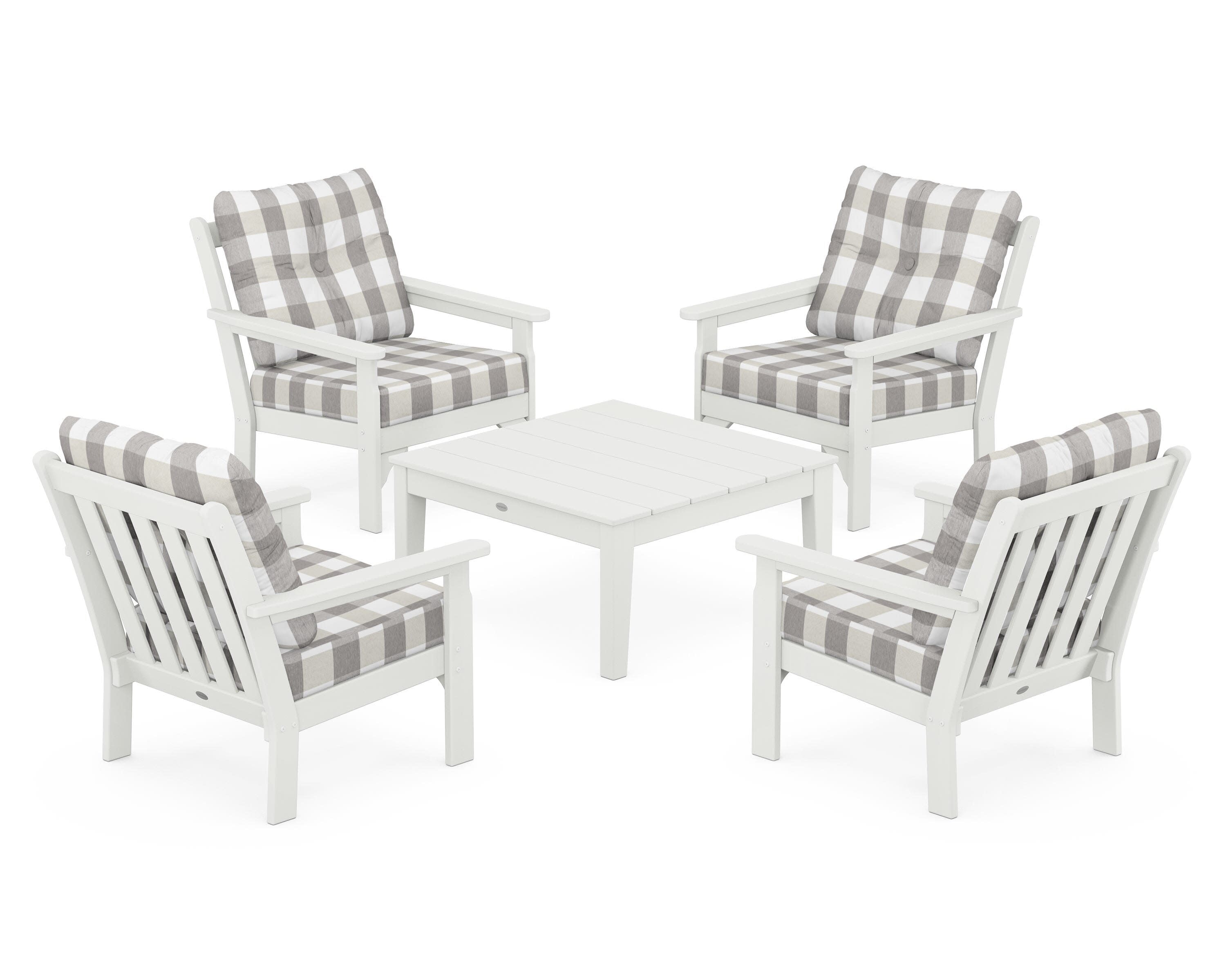 Vineyard 5-Piece Deep Seating Conversation Set in Vintage White / Buffalo Plaid Grey Mist