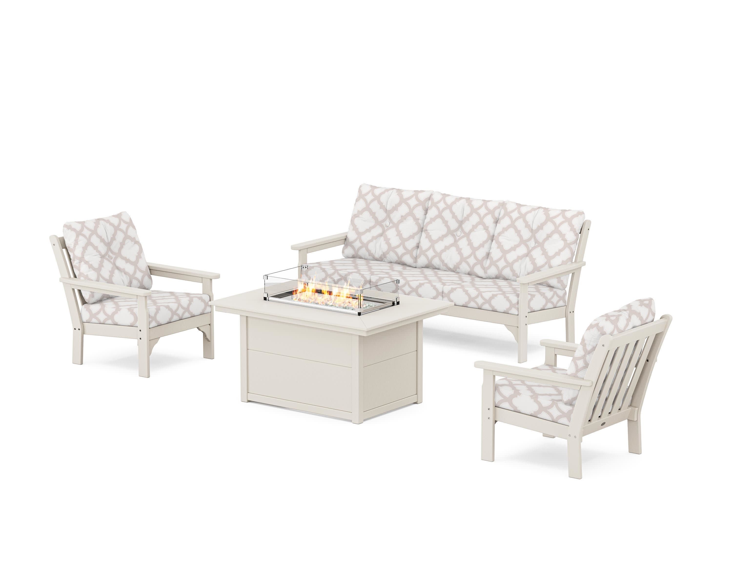 Vineyard Deep Seating Fire Pit Table Set in Sand / Trellis Dune Burlap