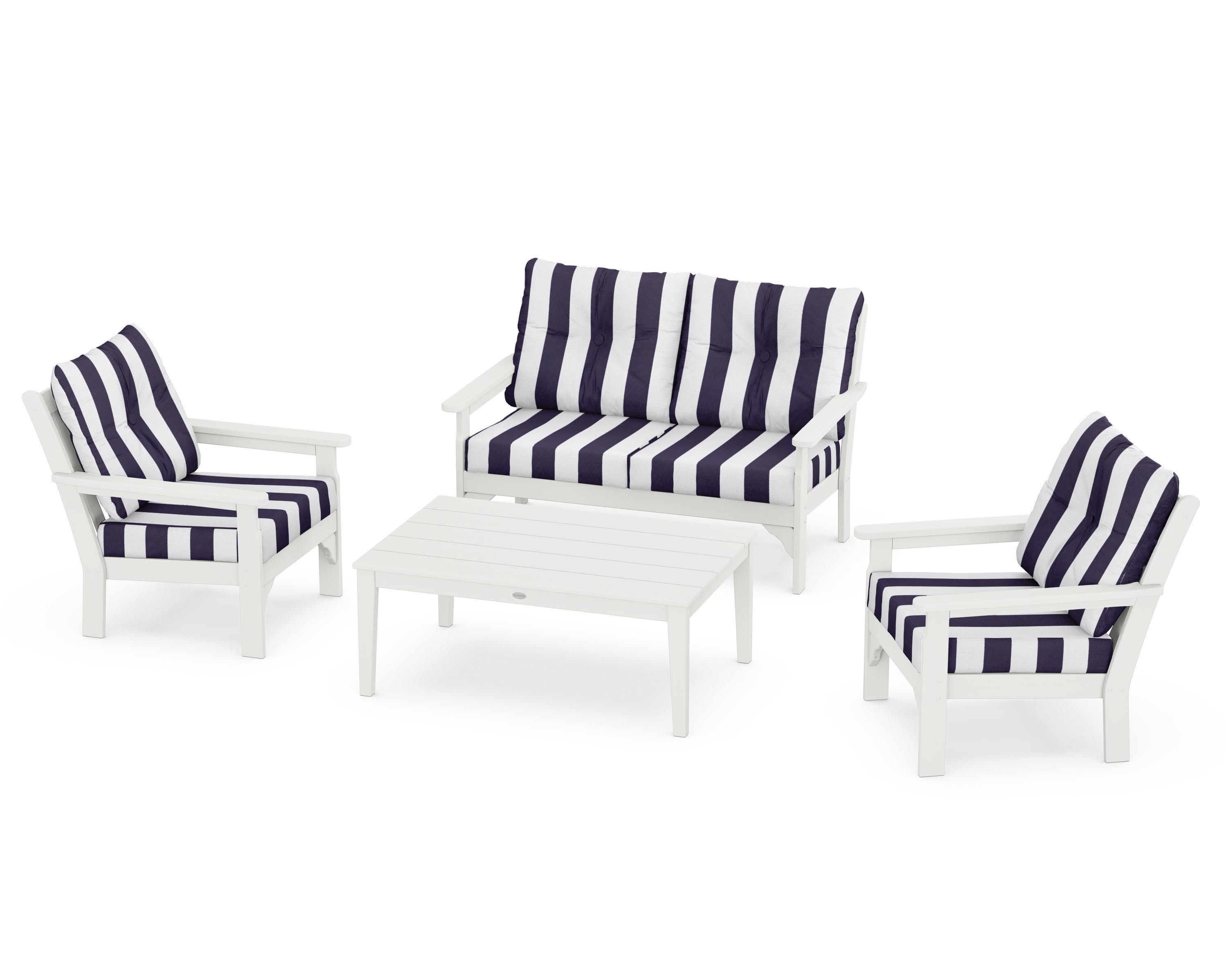 Vineyard 4-Piece Deep Seating Set in Vintage White / Cabana Stripe Navy