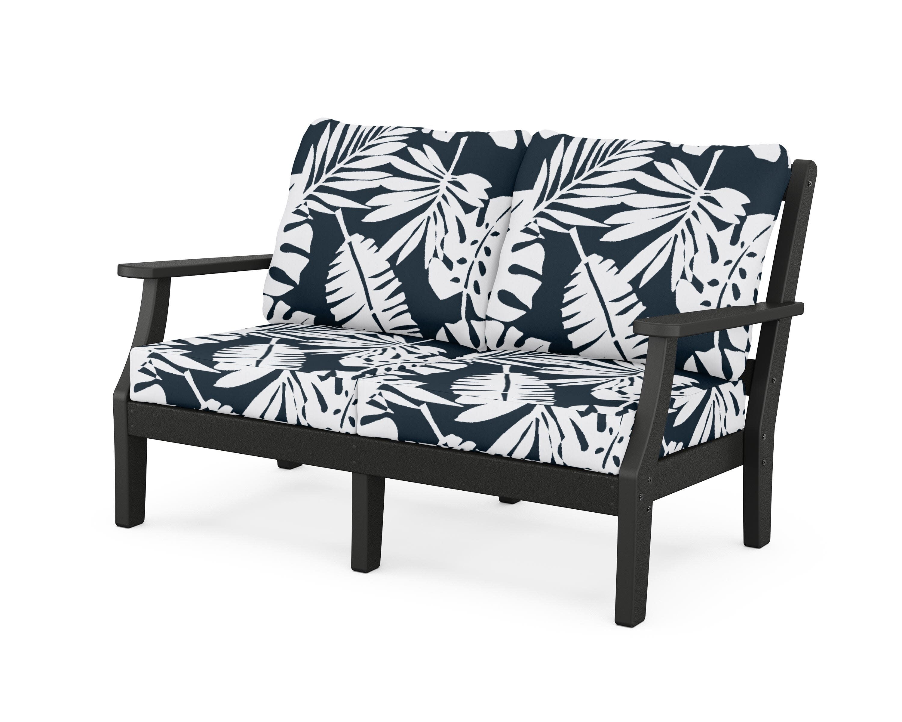 Chinoiserie Deep Seating Loveseat in Black / Leaf Marine Indigo
