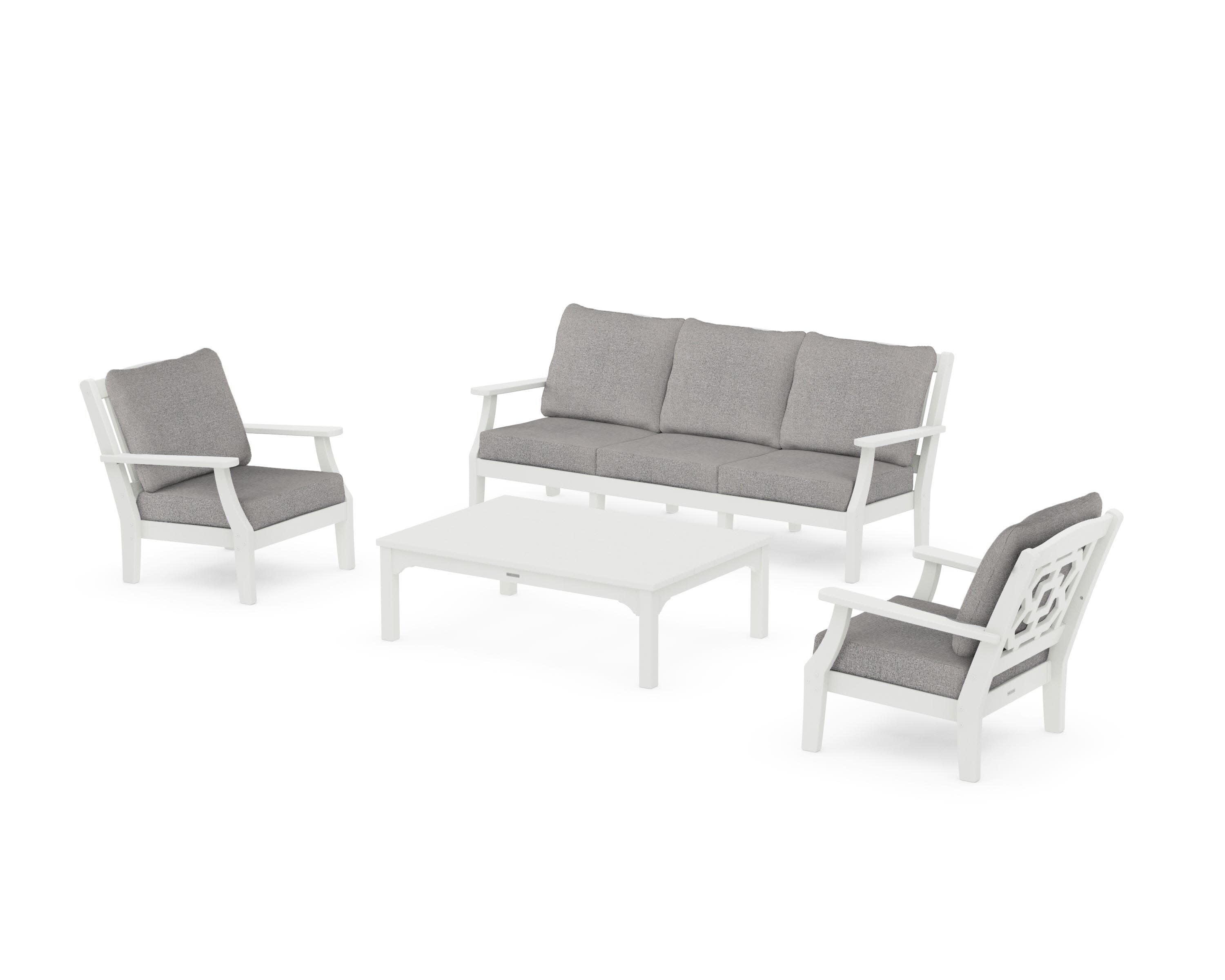 Chinoiserie 4-Piece Deep Seating Set with Sofa in Vintage White / Grey Mist