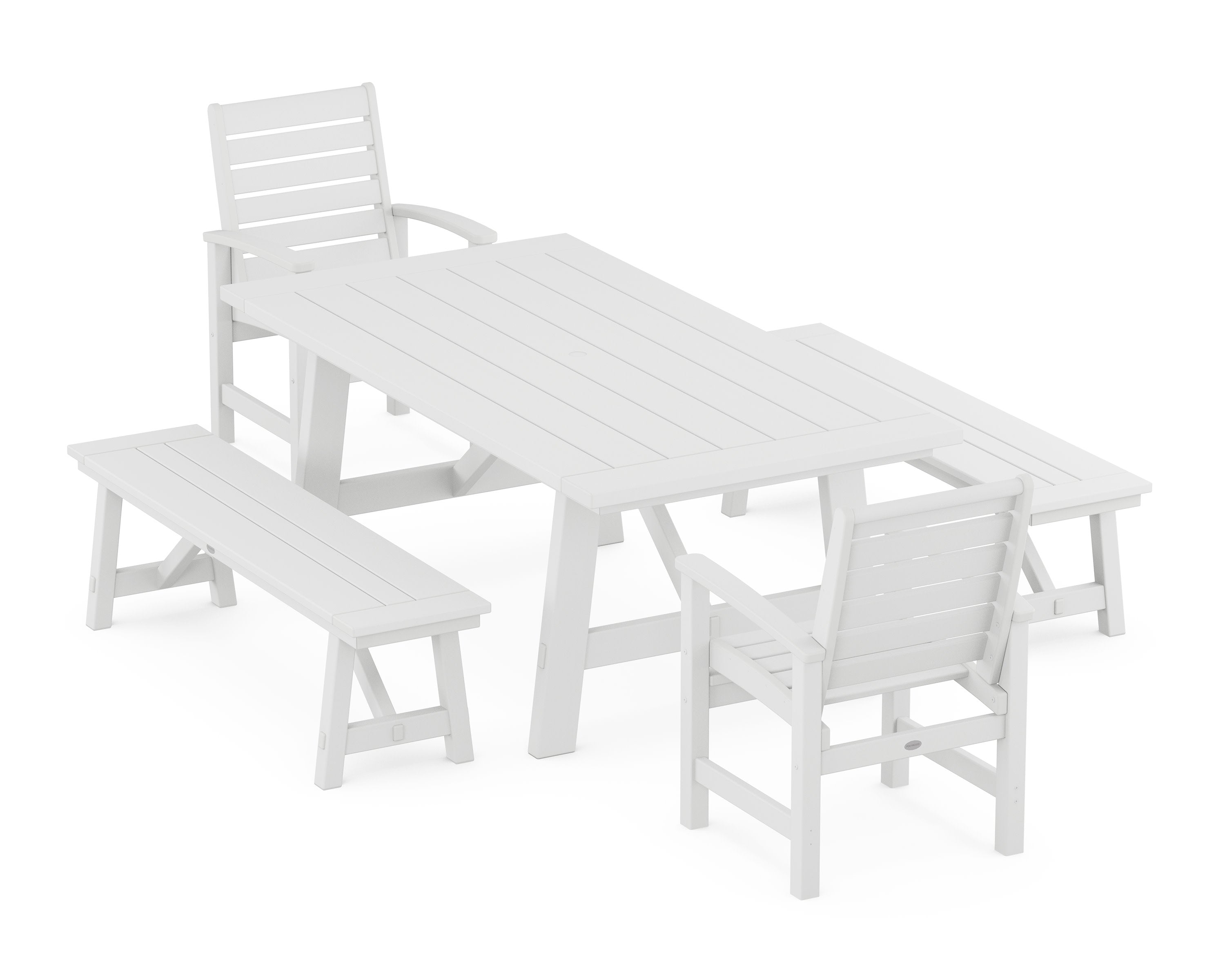Signature 5-Piece Rustic Farmhouse Dining Set With Benches in White