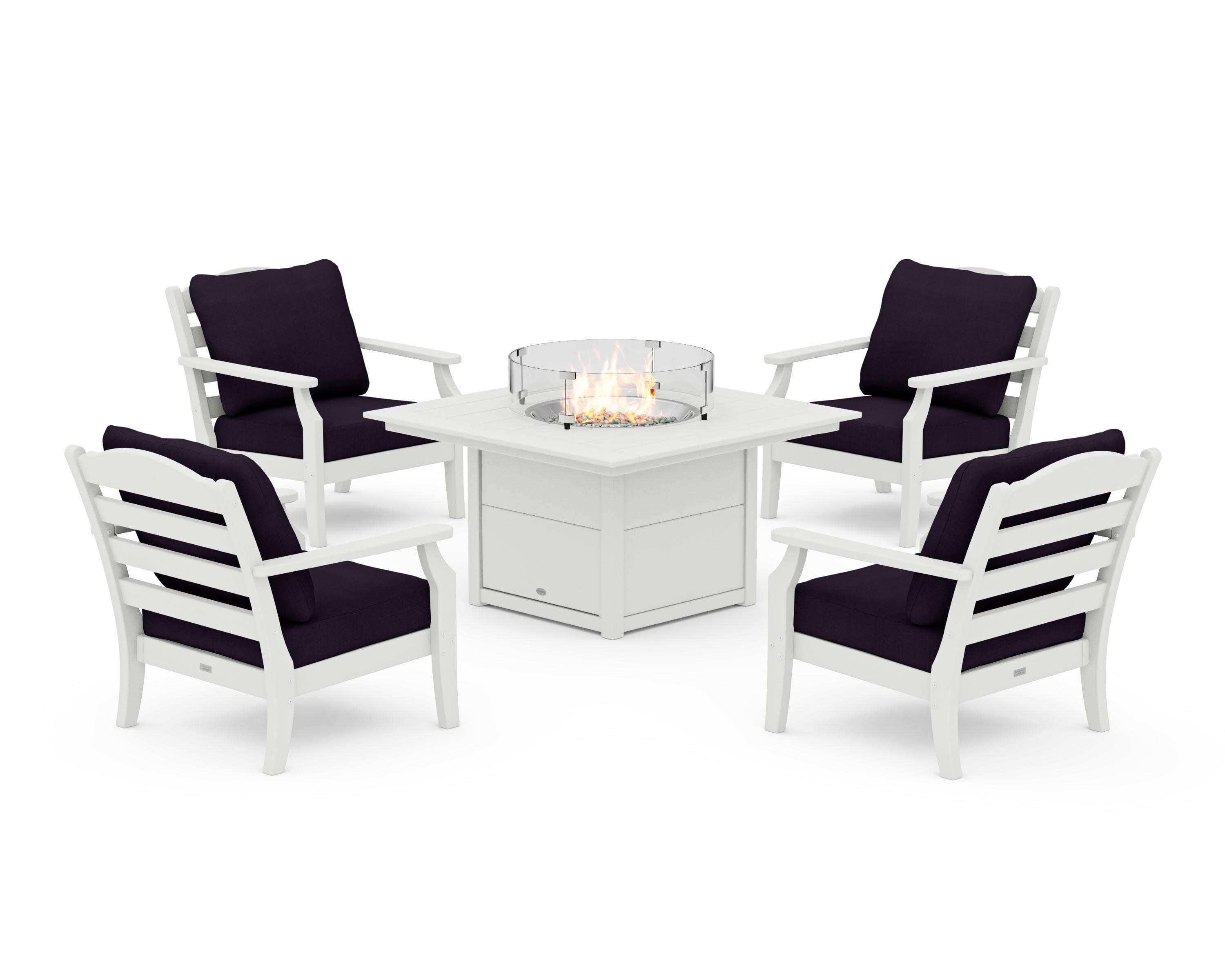 Savannah 5-Piece Deep Seating Set with Fire Pit Table in Vintage White / Navy Linen