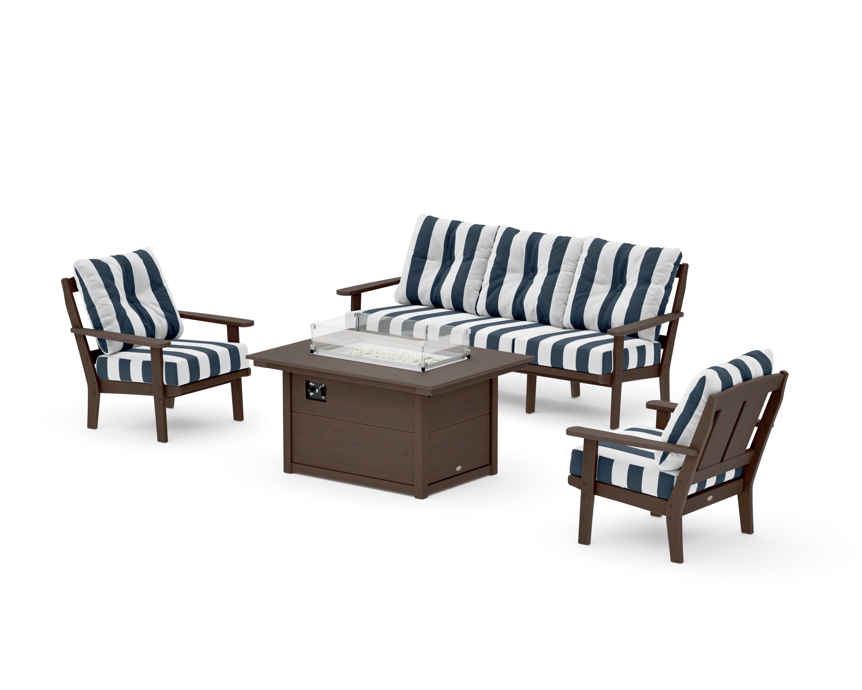 Mission Deep Seating Fire Pit Table Set in Kona / Cabana Stripe Marine Indigo