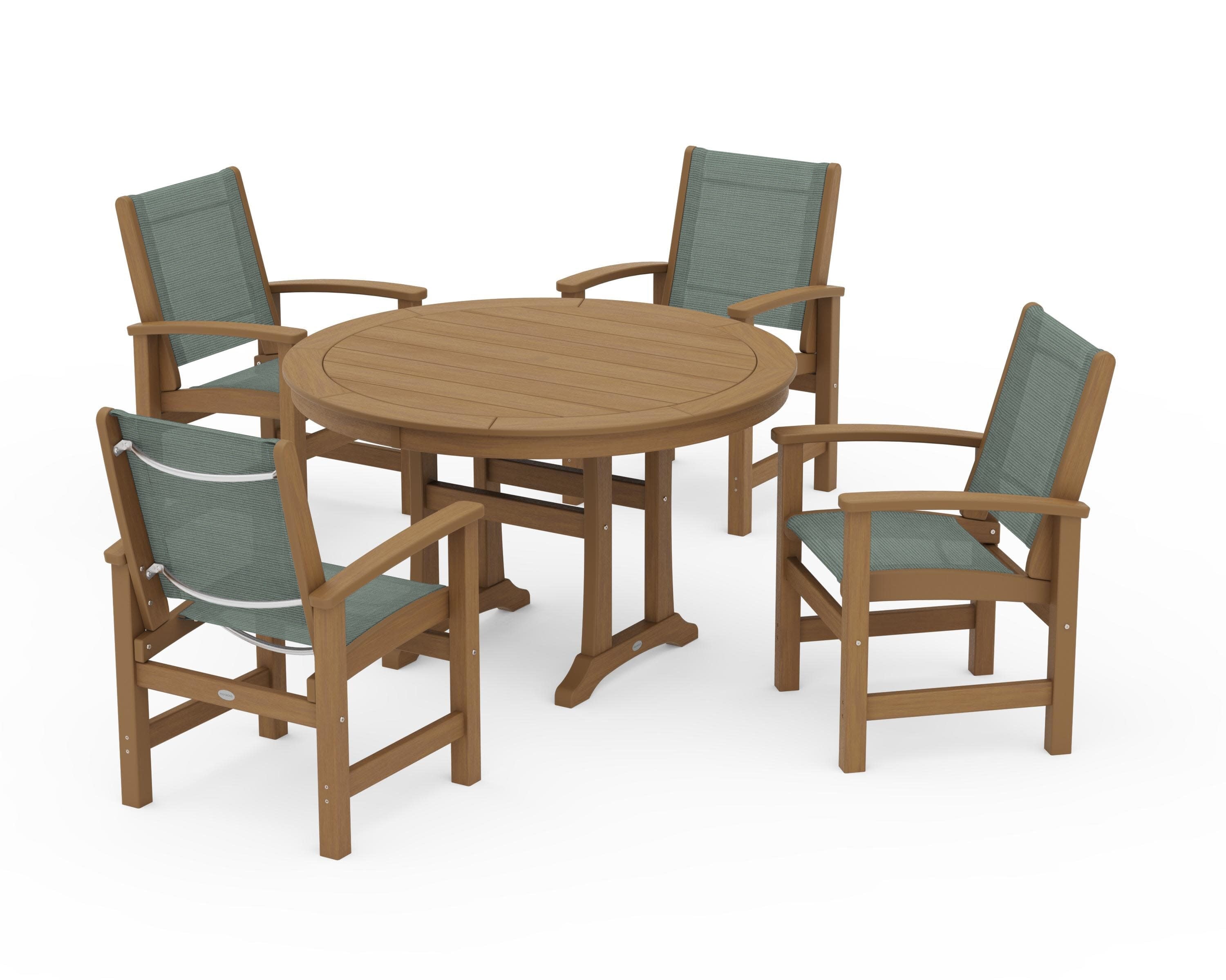 Coastal 5-Piece Round Dining Set with Trestle Legs in Natural / Dupioni Sea Mist Sling