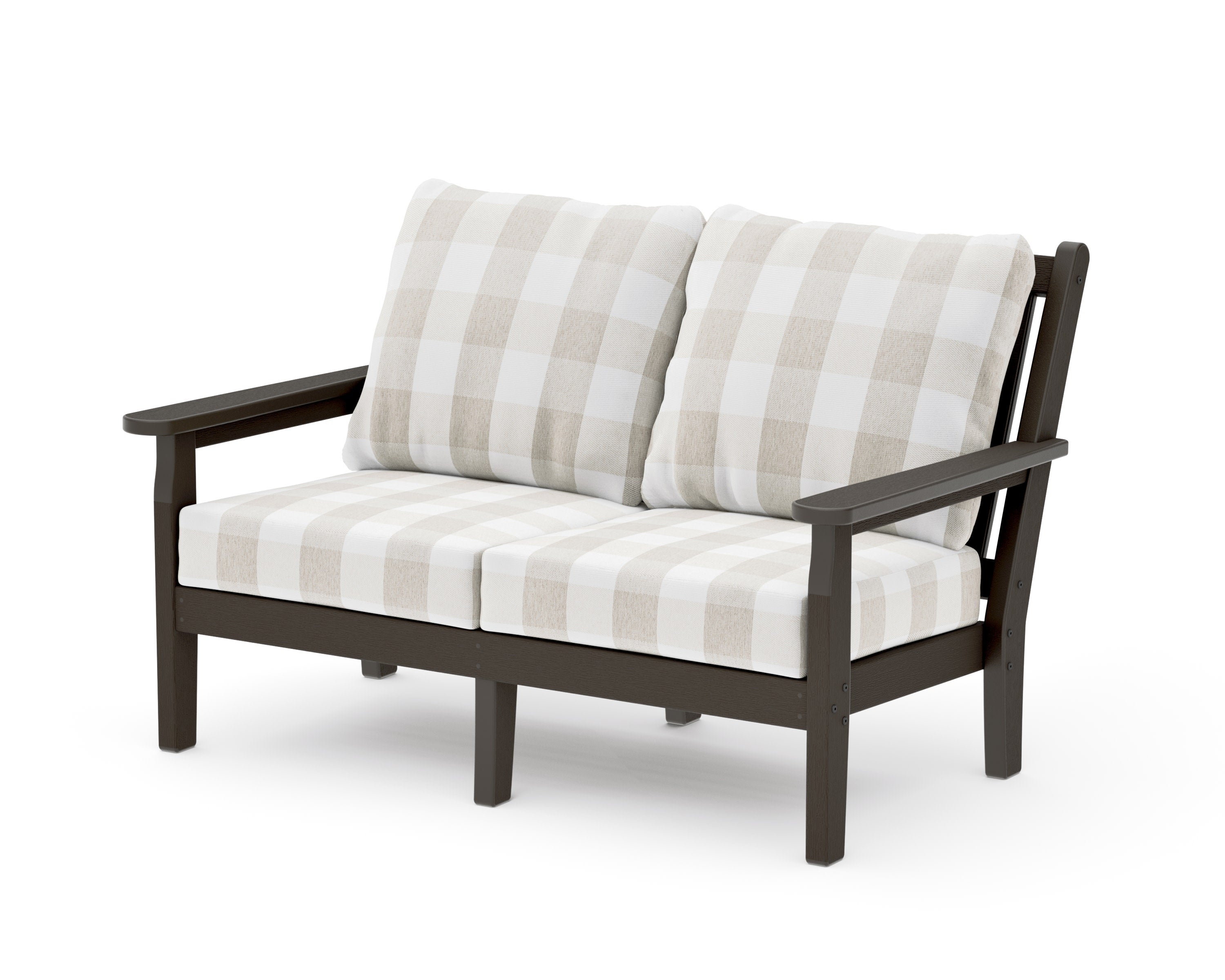 Chippendale Deep Seating Loveseat in Vintage Coffee / Buffalo Plaid Dune Burlap