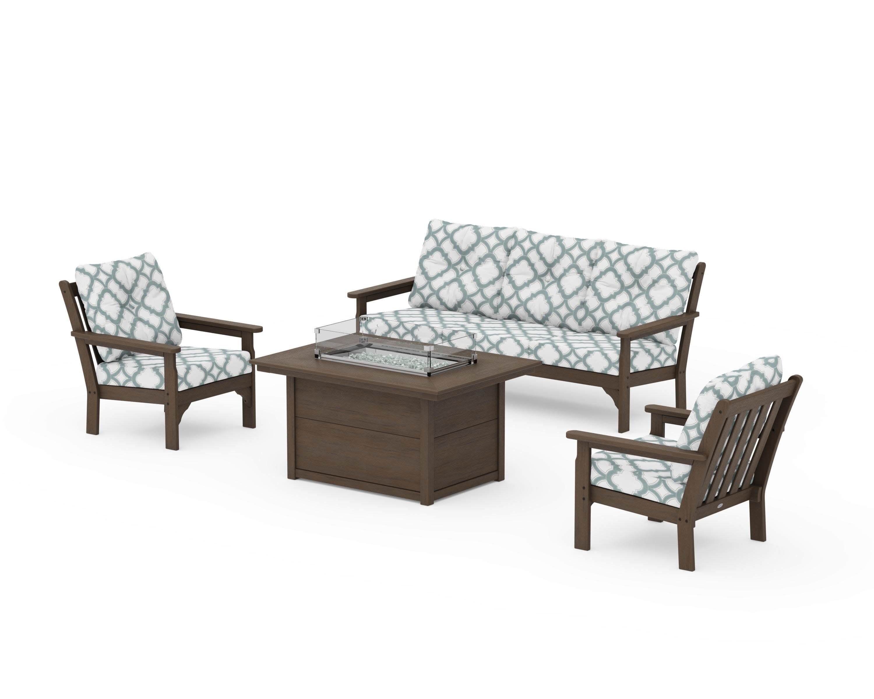 Vineyard Deep Seating Fire Pit Table Set in Kona / Trellis Glacier Spa