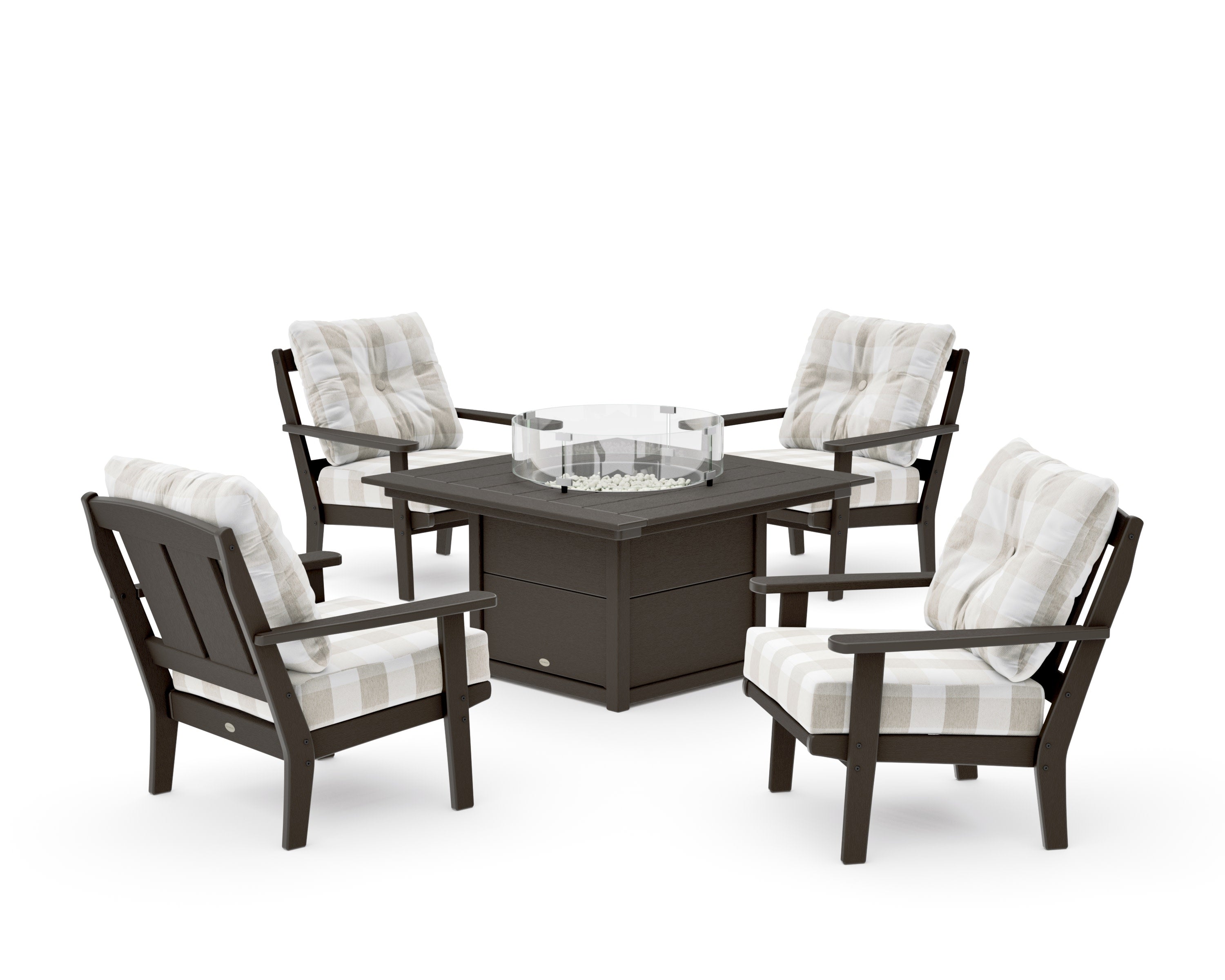 Mission 5-Piece Deep Seating Set with Fire Pit Table in Vintage Coffee / Buffalo Plaid Dune Burlap