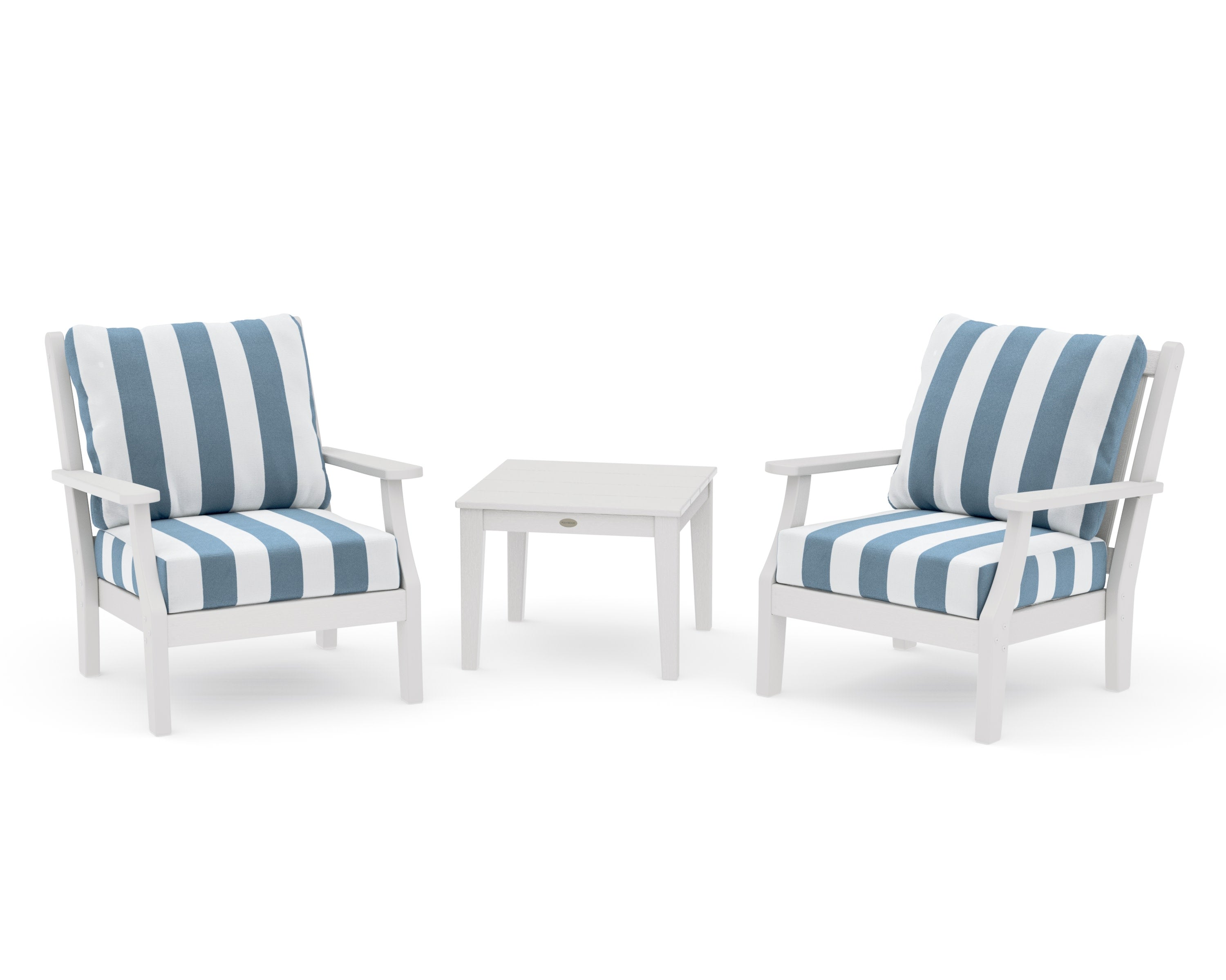 Wovendale 3-Piece Deep Seating Set in Vintage White / Cabana Stripe Sky Blue