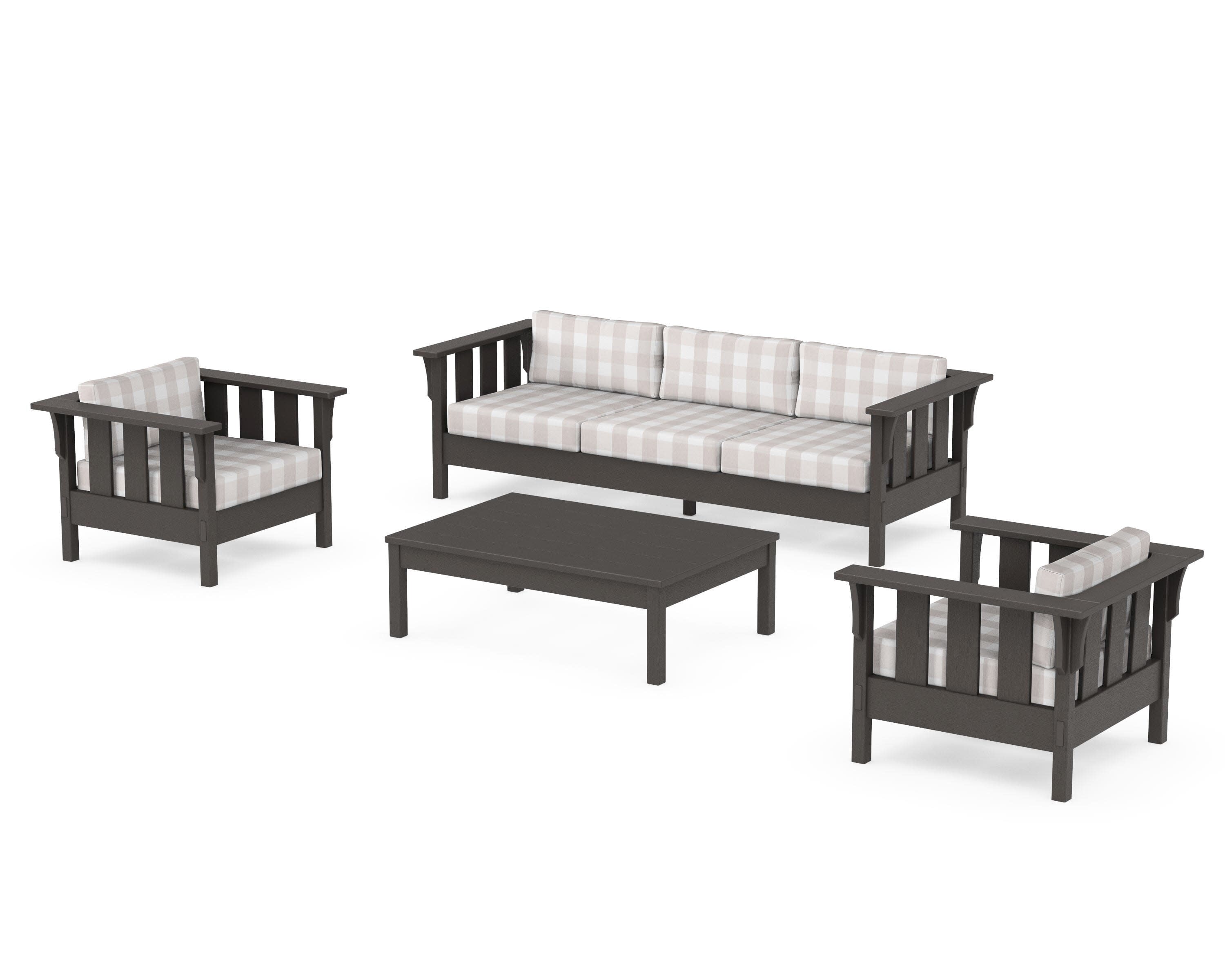 Acadia 4-Piece Deep Seating Set with Sofa in Vintage Coffee / Buffalo Plaid Dune Burlap