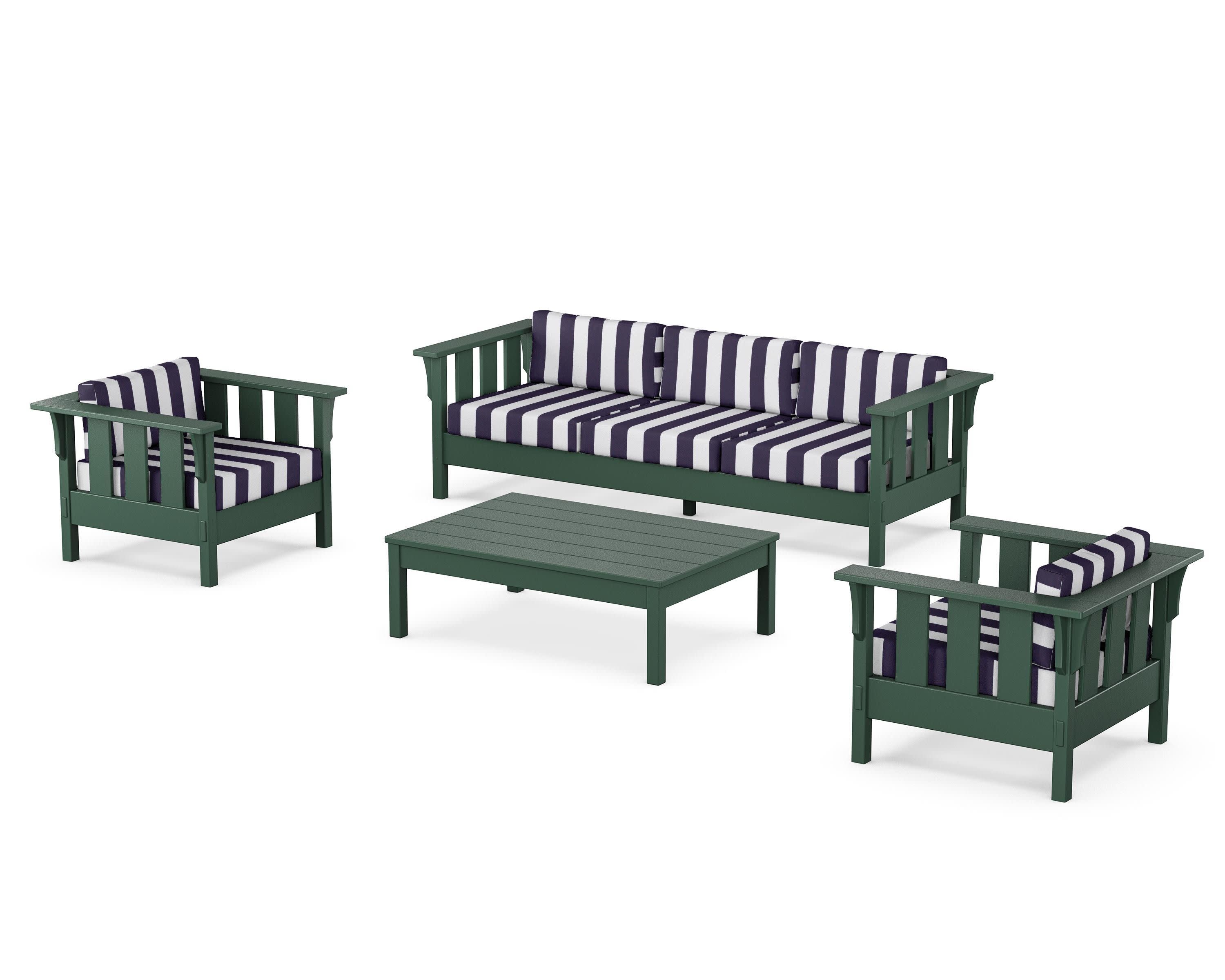 Acadia 4-Piece Deep Seating Set with Sofa in Green / Cabana Stripe Navy