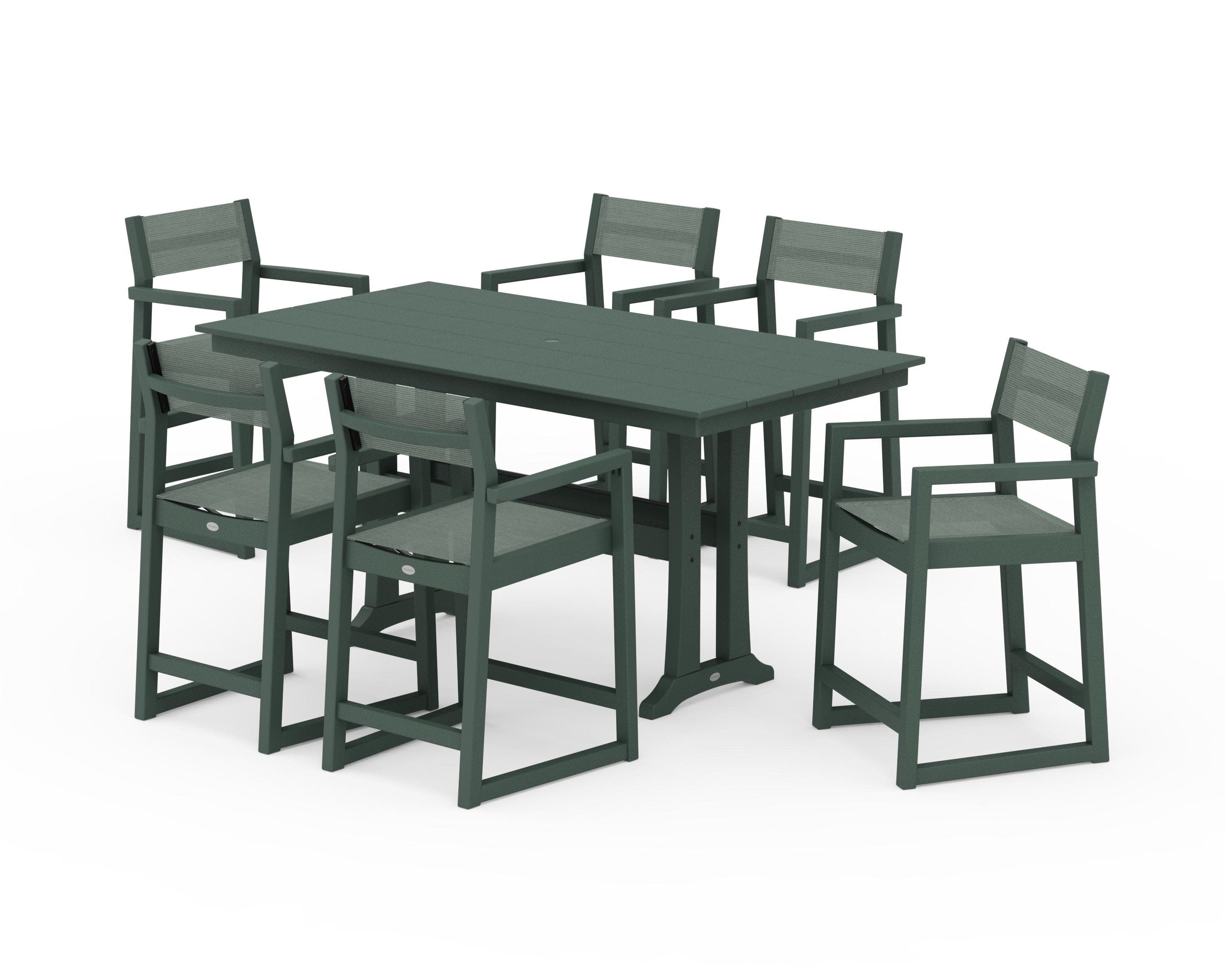 EDGE Sling Arm Chair 7-Piece Farmhouse Counter Set with Trestle Legs in Green / Dupioni Sea Mist Sling