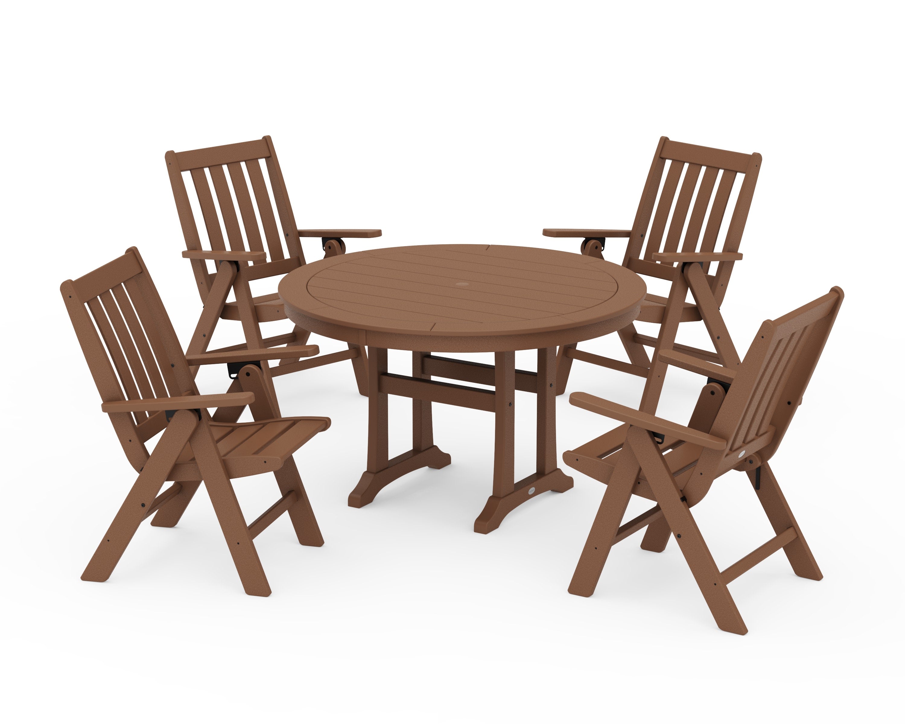 Vineyard Folding Chair 5-Piece Round Dining Set with Trestle Legs in Teak
