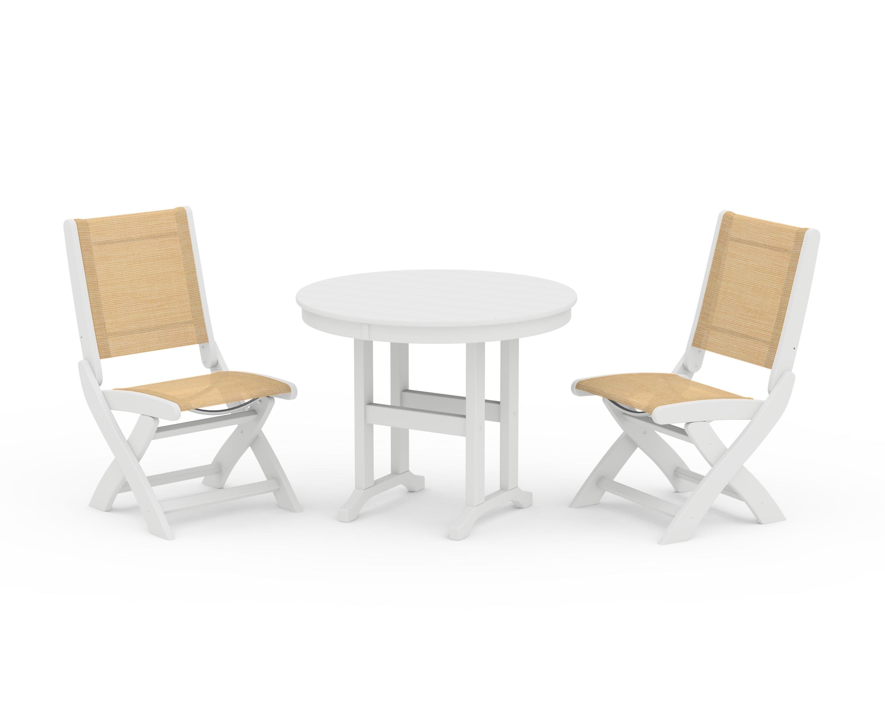 Coastal Folding Side Chair 3-Piece Round Dining Set in White / Dupioni Apricot Sling