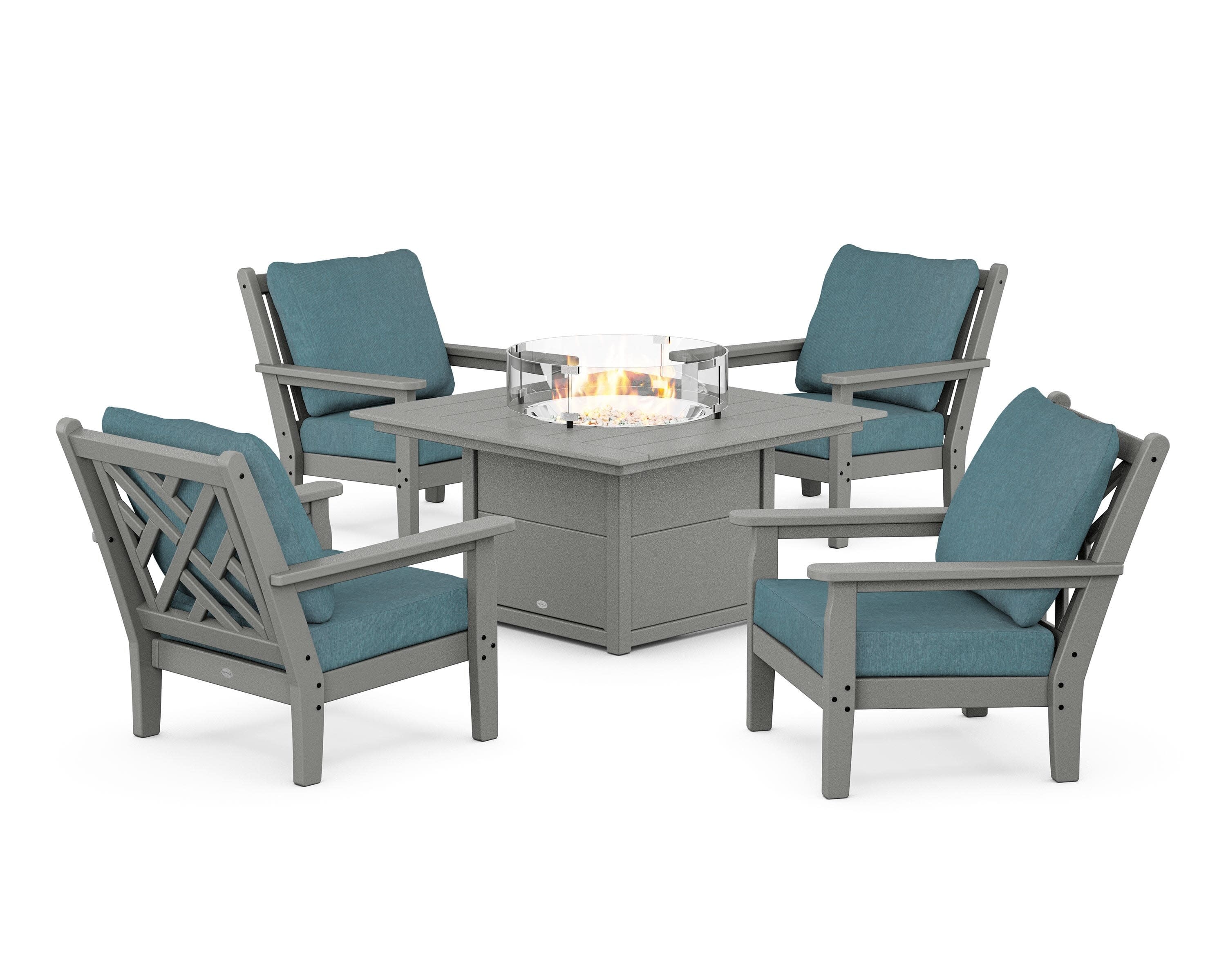 Chippendale 5-Piece Deep Seating Set with Fire Pit Table in Slate Grey / Ocean Teal