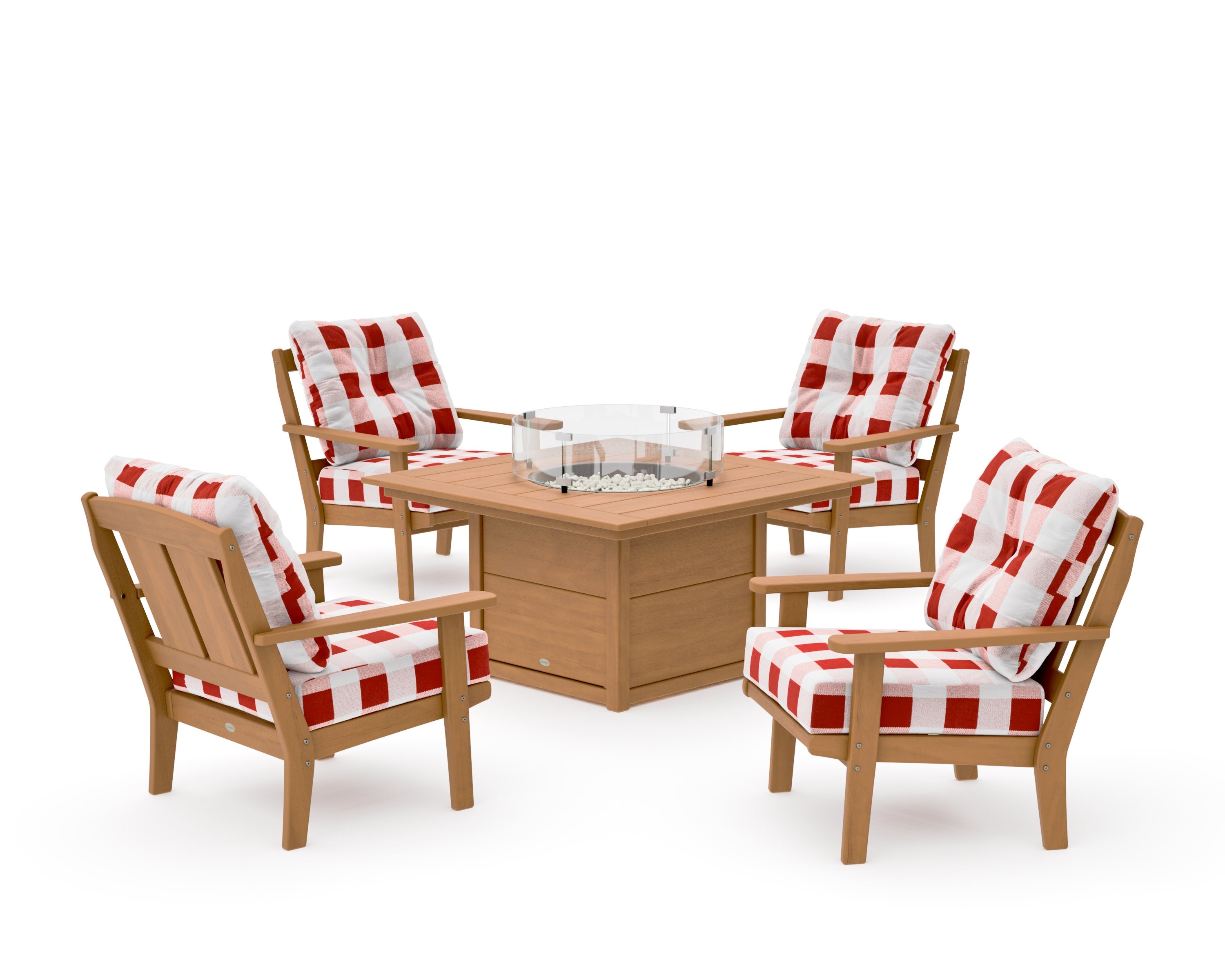 Mission 5-Piece Deep Seating Set with Fire Pit Table in Natural / Buffalo Plaid Crimson