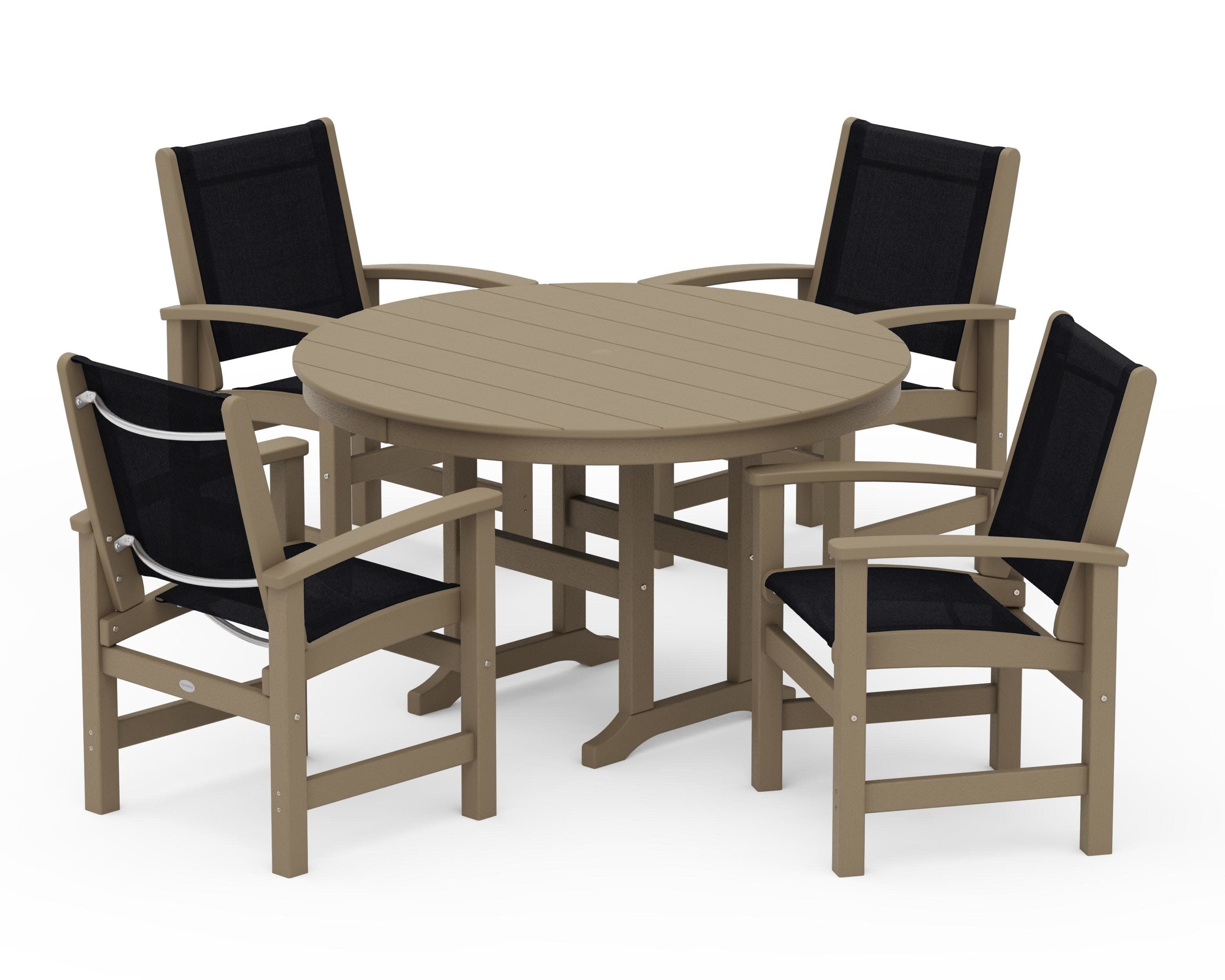 Coastal 5-Piece Round Farmhouse Dining Set in Vintage Sahara / Black Sling