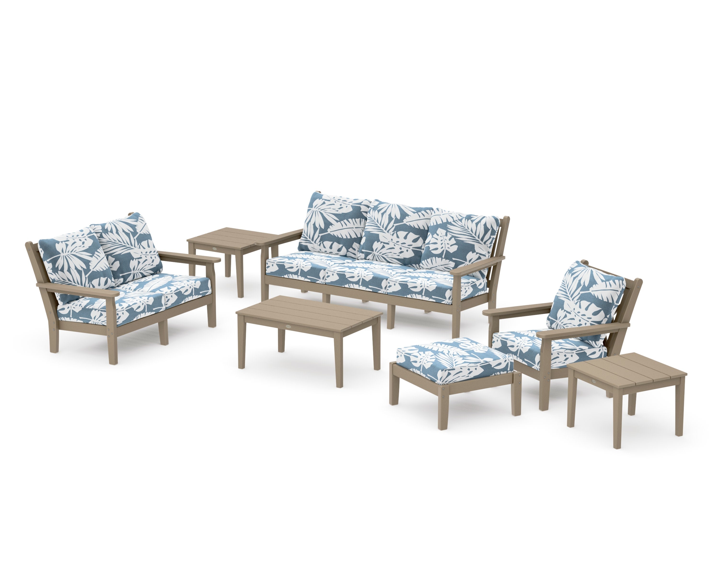 Chippendale 7-Piece Deep Seating Set in Vintage Sahara / Leaf Sky Blue