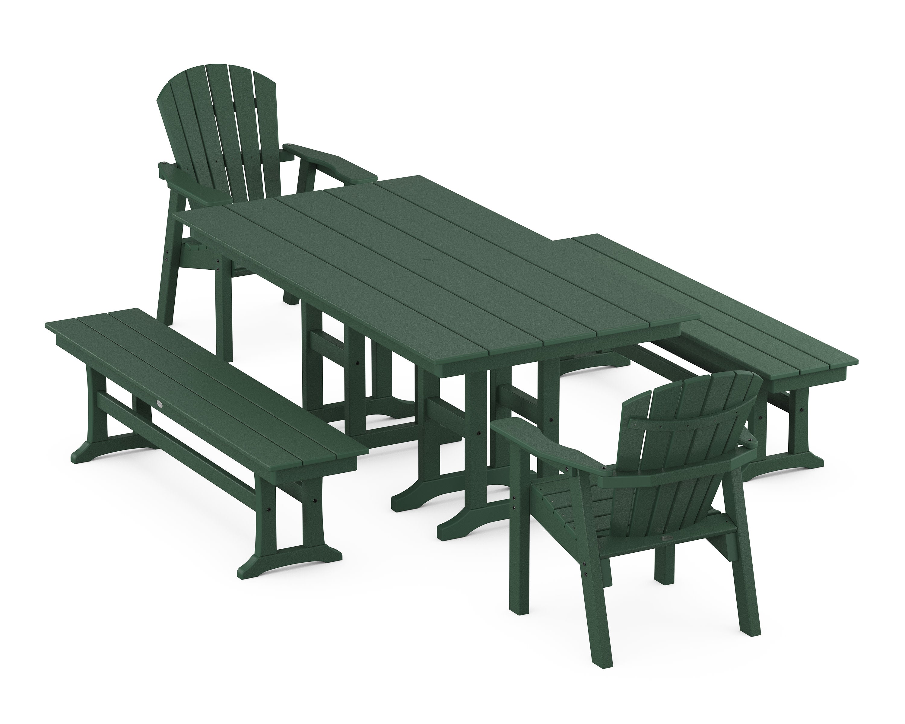 Seashell 5-Piece Farmhouse Dining Set with Benches in Green