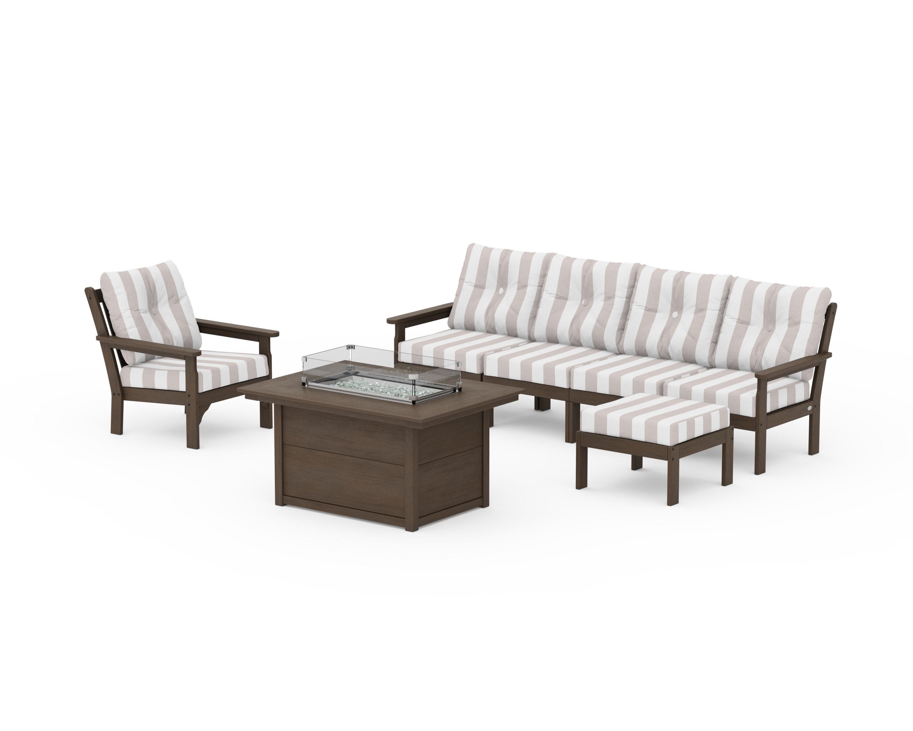 Vineyard Sectional Lounge and Fire Pit Set in Kona / Cabana Stripe Dune Burlap