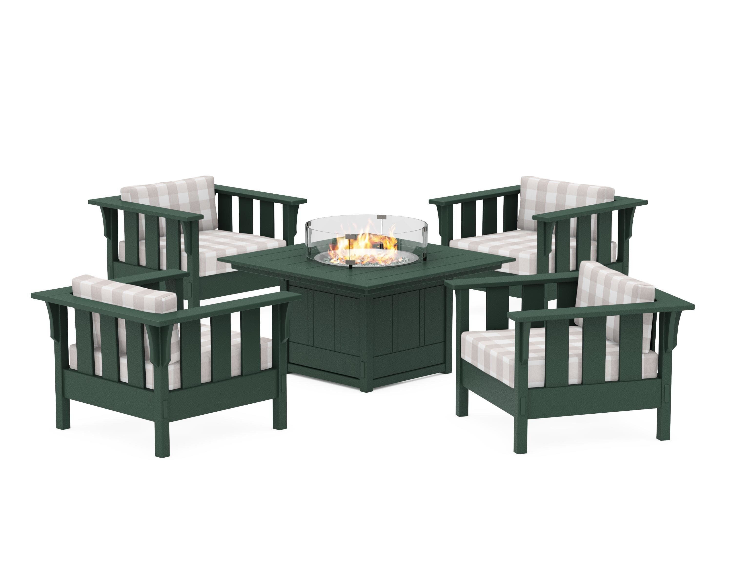 Acadia 5-Piece Deep Seating Set with Fire Pit Table in Green / Buffalo Plaid Dune Burlap