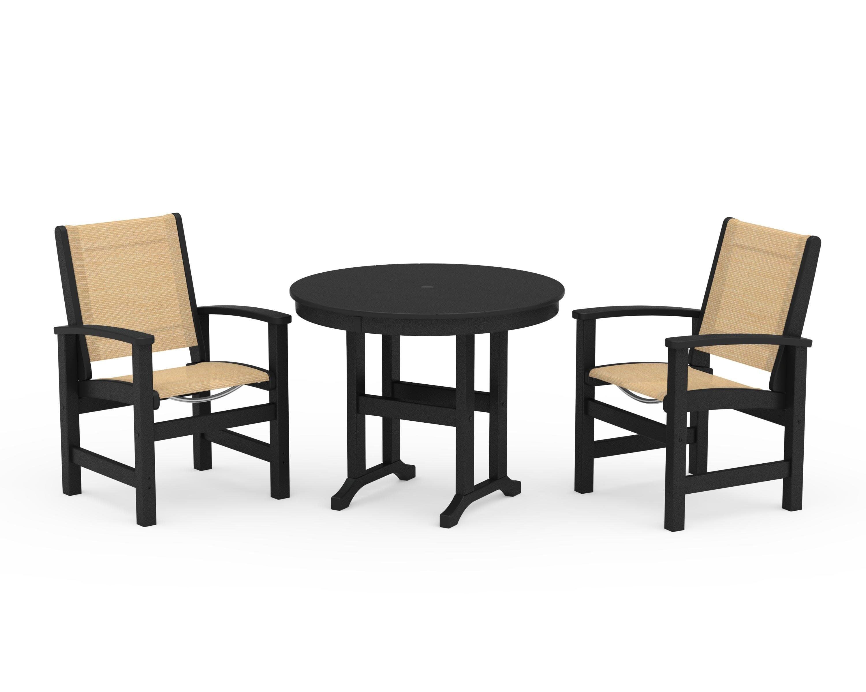 Coastal 3-Piece Round Dining Set in Black / Dupioni Apricot Sling