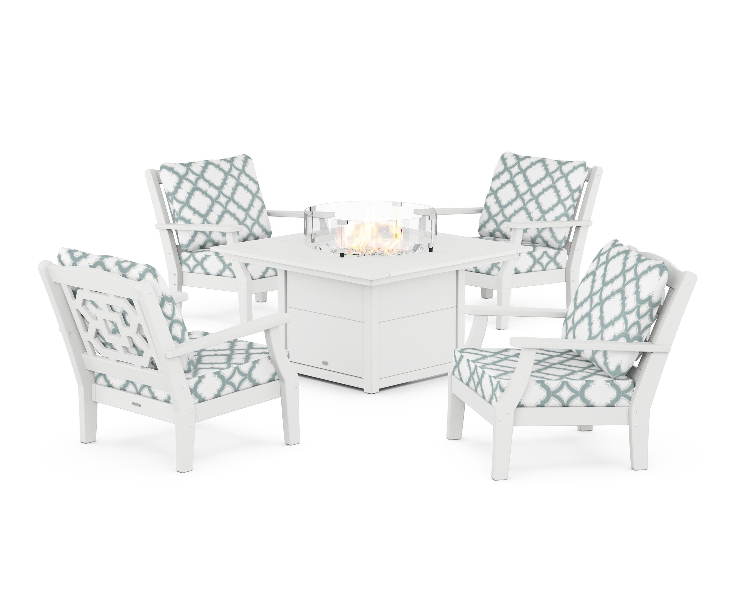 Chinoiserie 5-Piece Deep Seating Set with Fire Pit Table in White / Trellis Glacier Spa