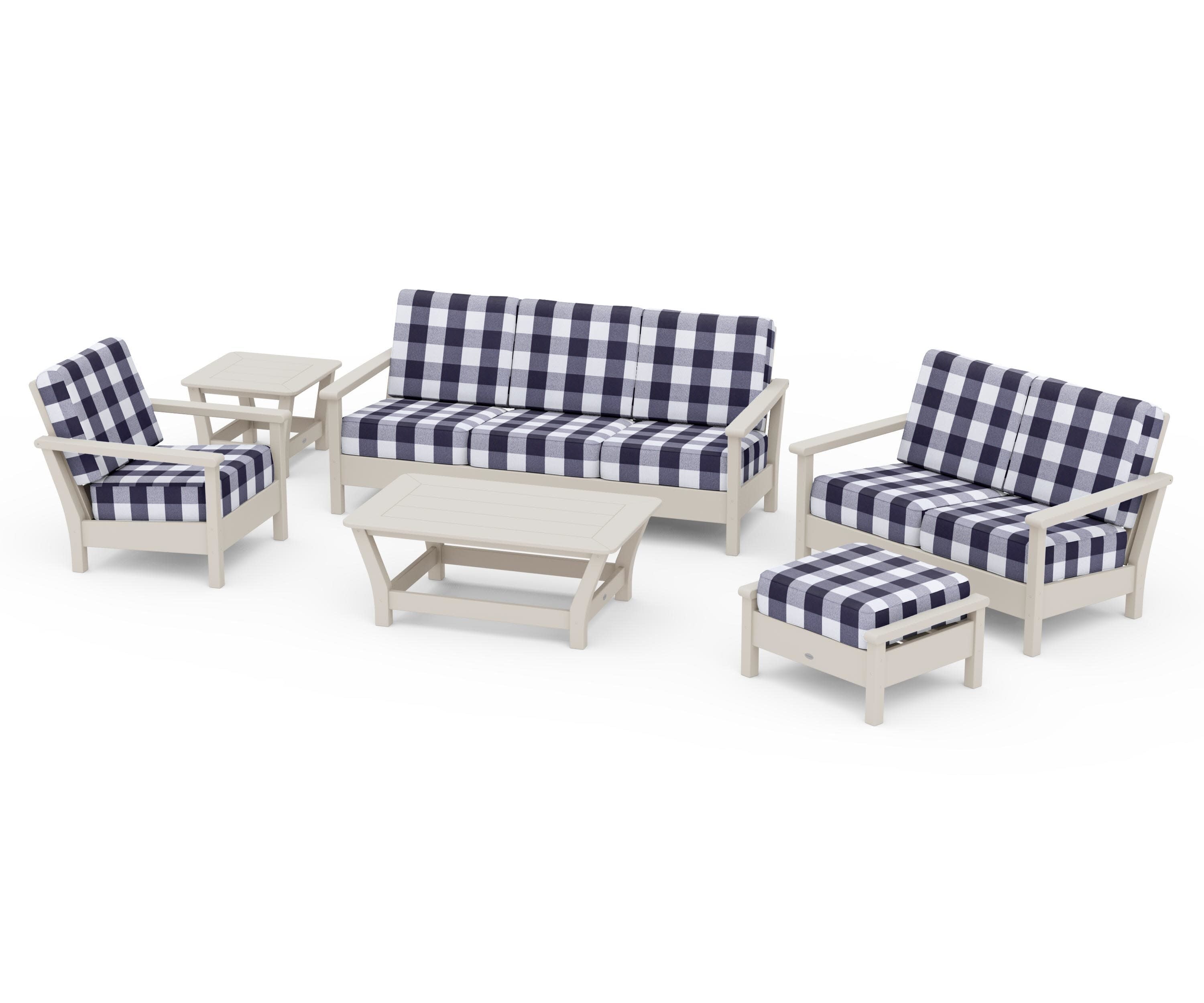 Harbour 6-Piece Outdoor Living Set in Sand / Buffalo Plaid Navy