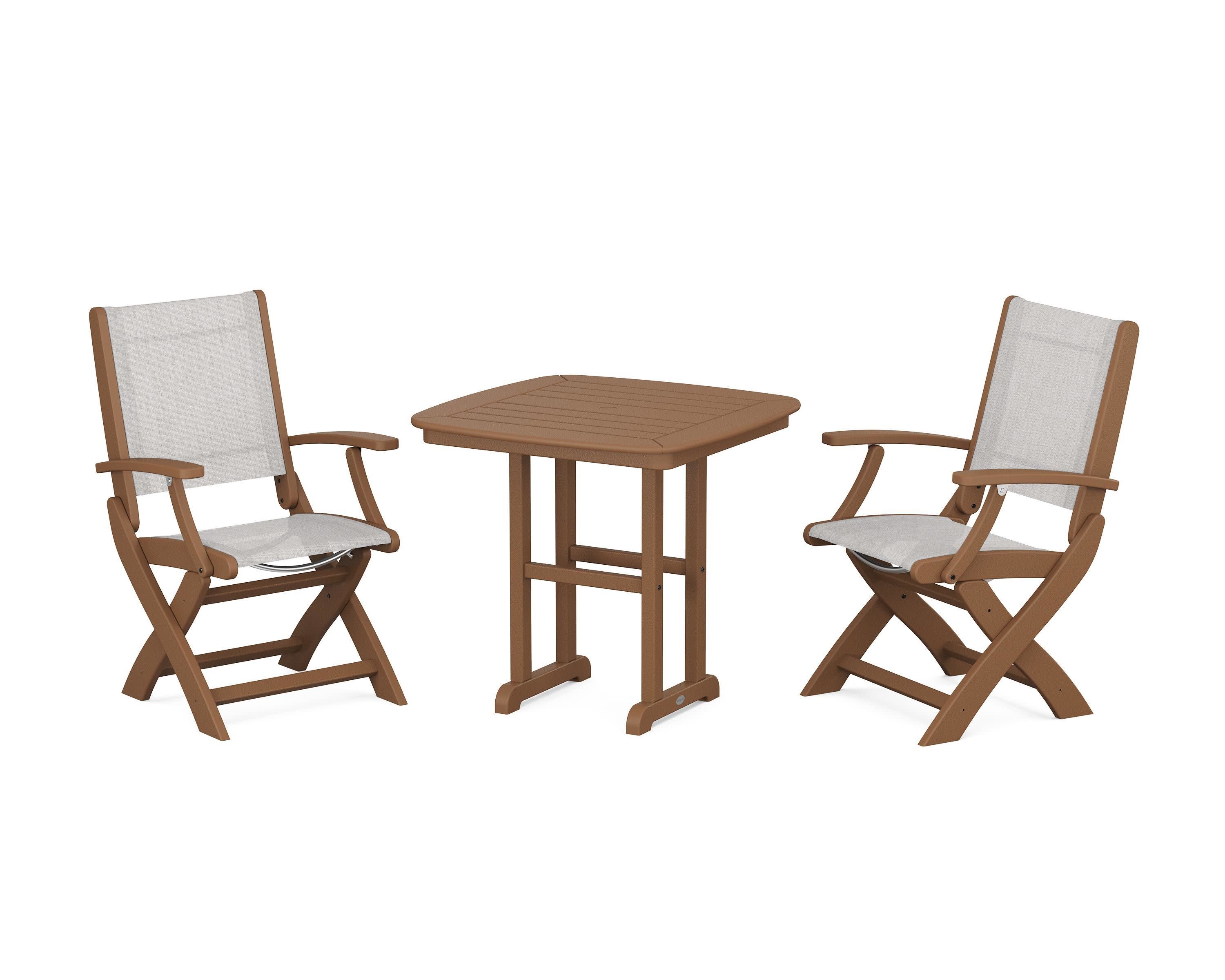 Coastal Folding Chair 3-Piece Dining Set in Teak / Parchment Sling
