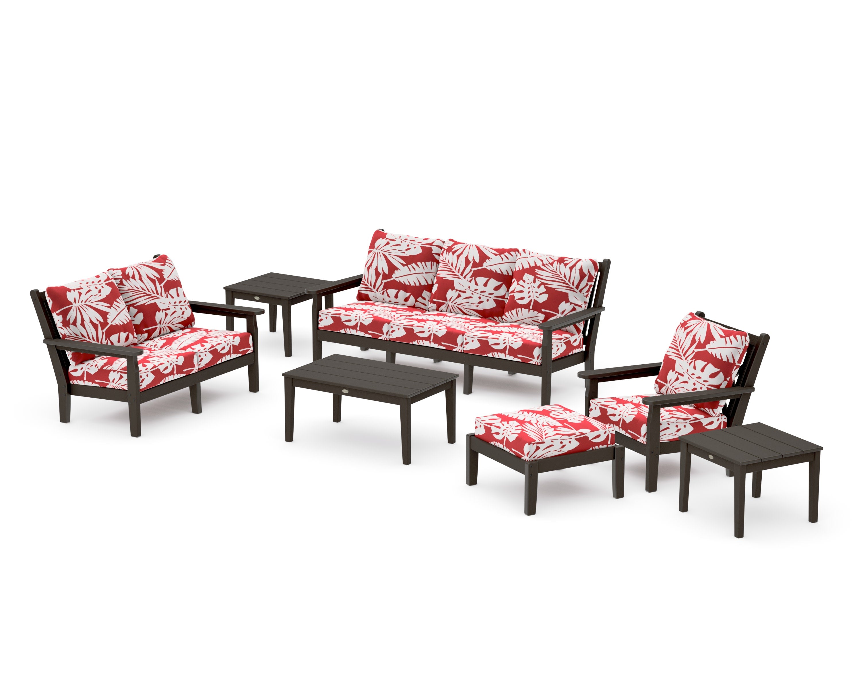 Chippendale 7-Piece Deep Seating Set in Vintage Coffee / Leaf Crimson