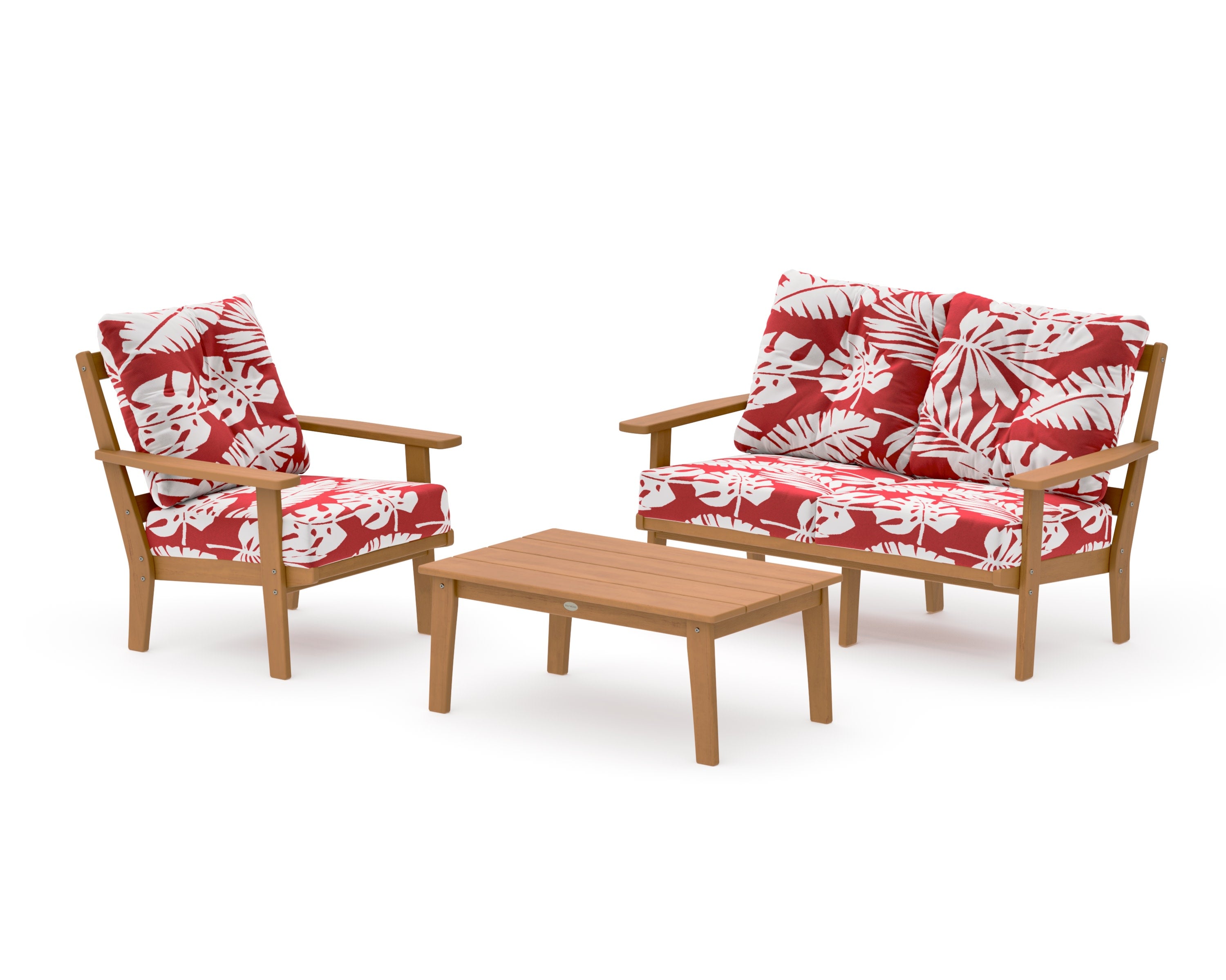 Oxford 3-Piece Deep Seating Set with Loveseat in Natural / Leaf Crimson