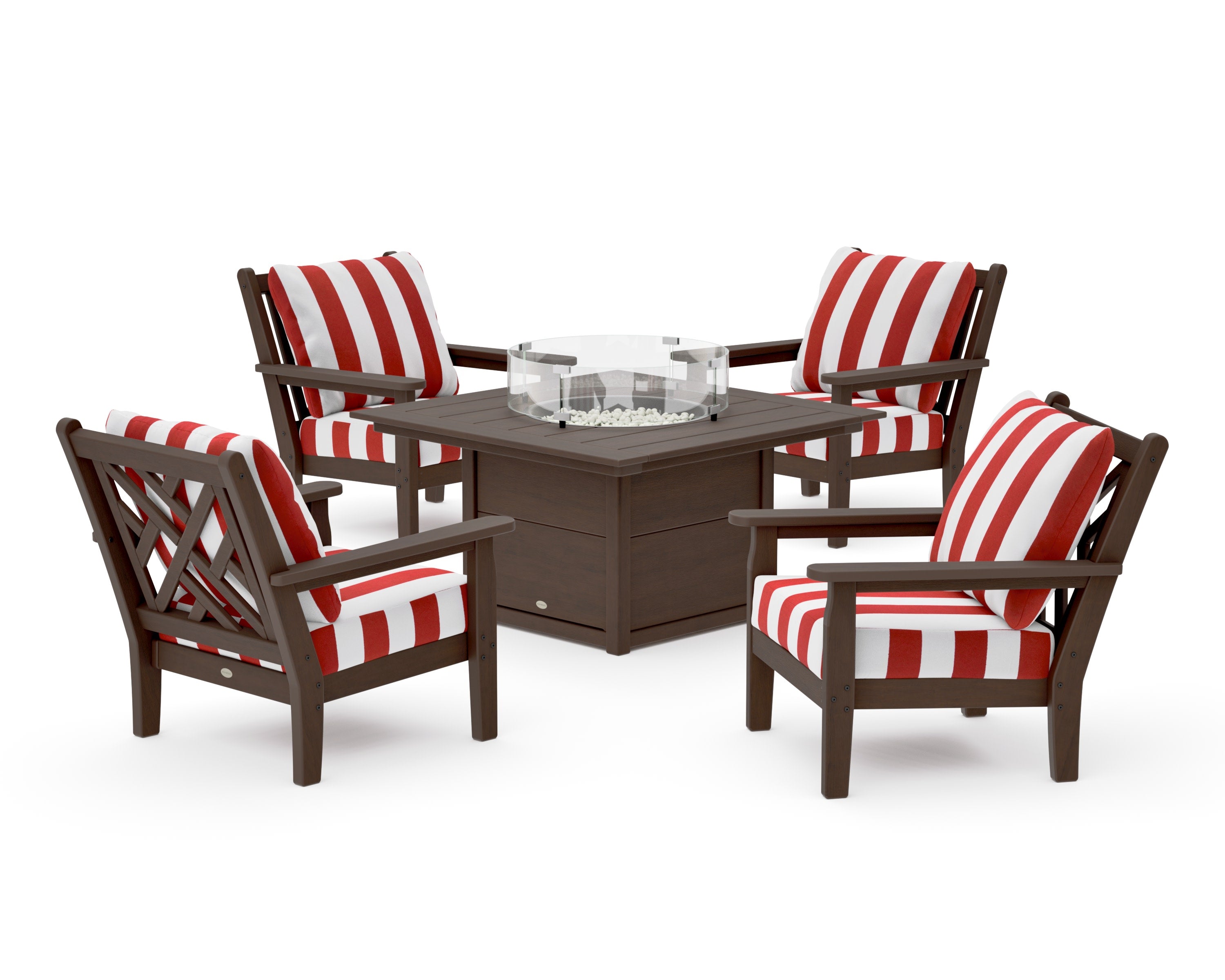 Chippendale 5-Piece Deep Seating Set with Fire Pit Table in Kona / Cabana Stripe Crimson