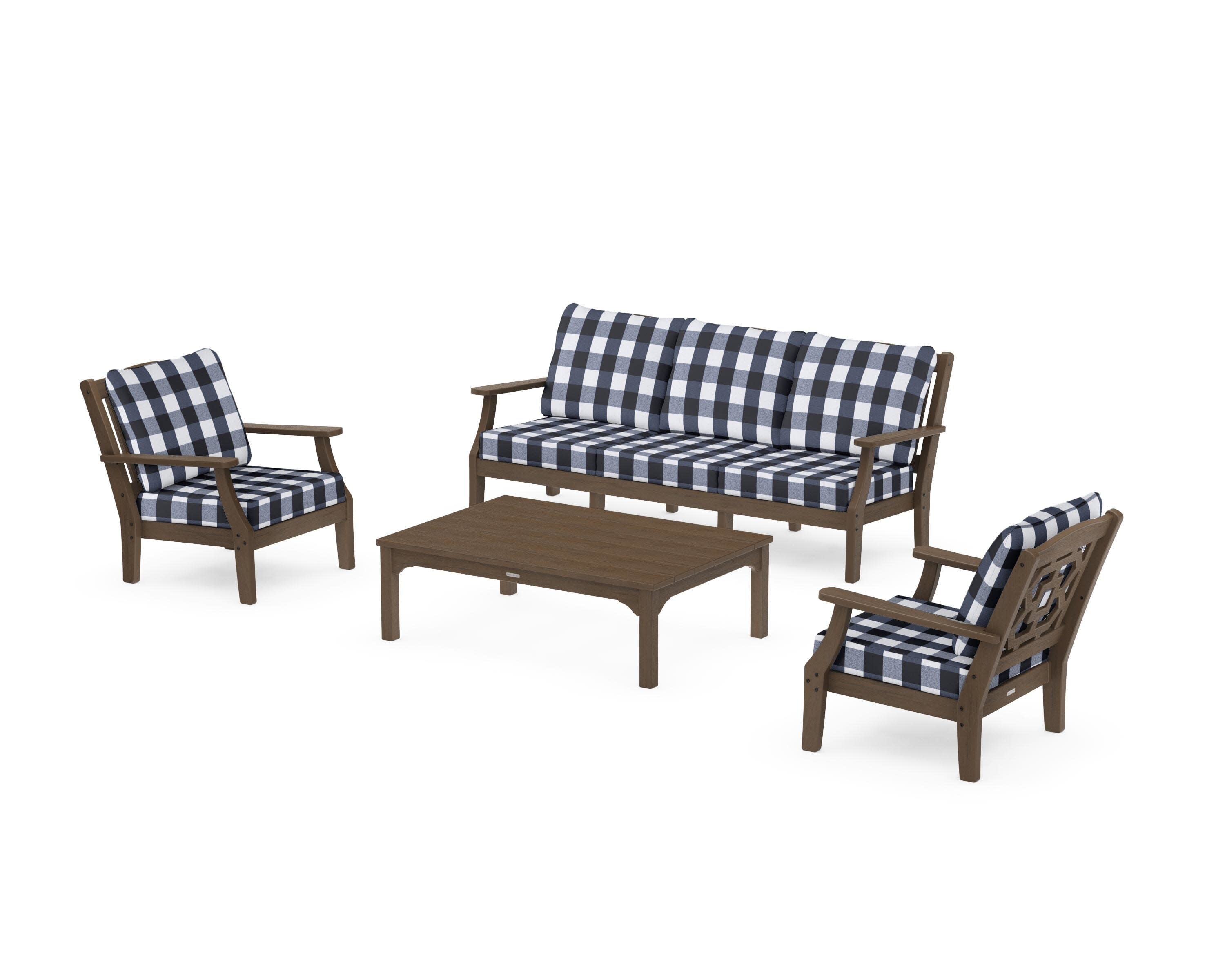 Chinoiserie 4-Piece Deep Seating Set with Sofa in Kona / Buffalo Plaid Marine Indigo