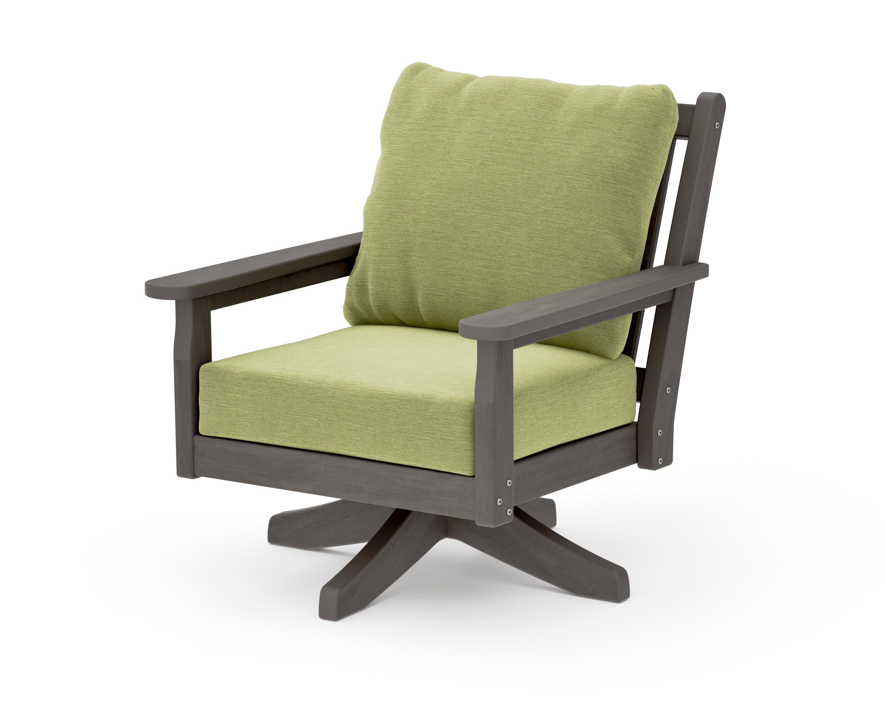 Chippendale Deep Seating Swivel Chair in Driftwood / Chartreuse Boucle