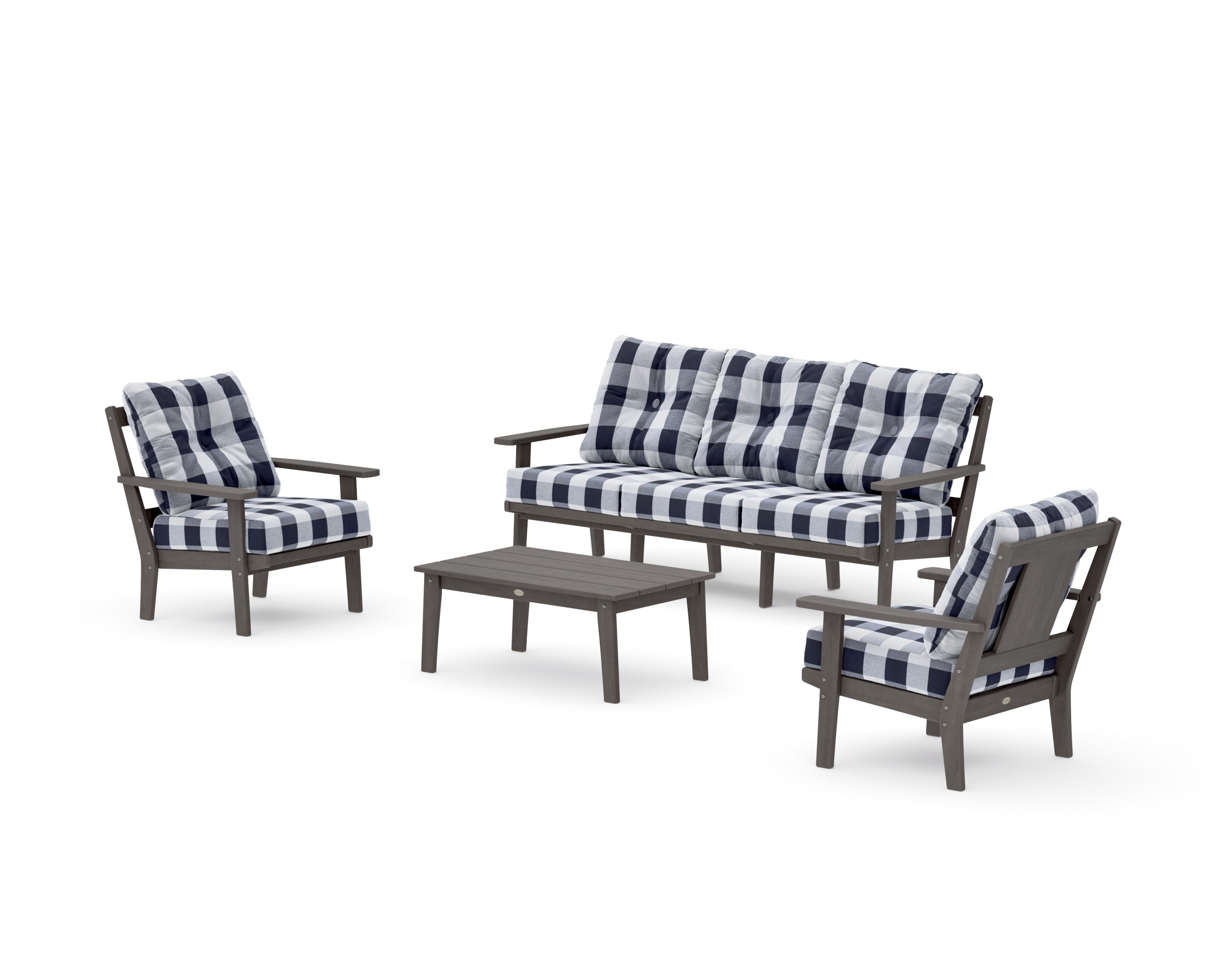Prairie 4-Piece Deep Seating Set with Sofa in Driftwood / Buffalo Plaid Navy