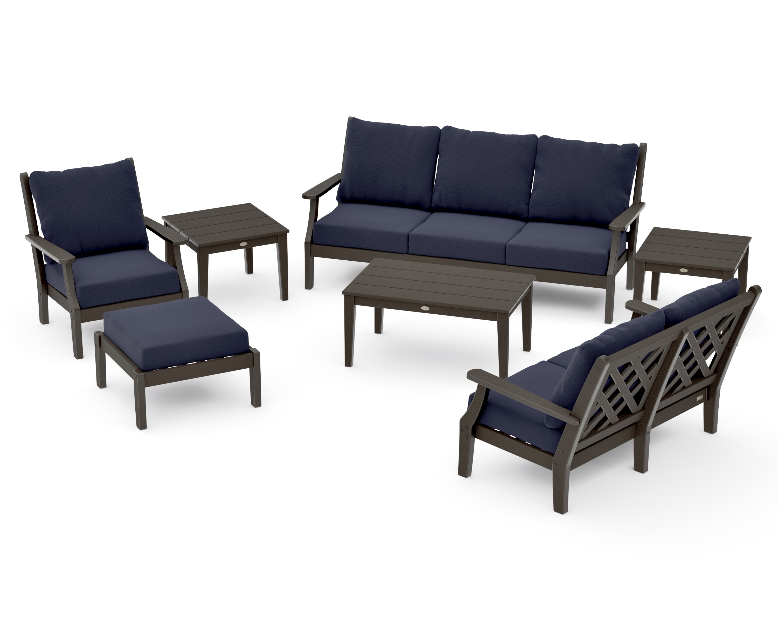 Wovendale 7-Piece Deep Seating Set in Vintage Coffee / Navy Linen