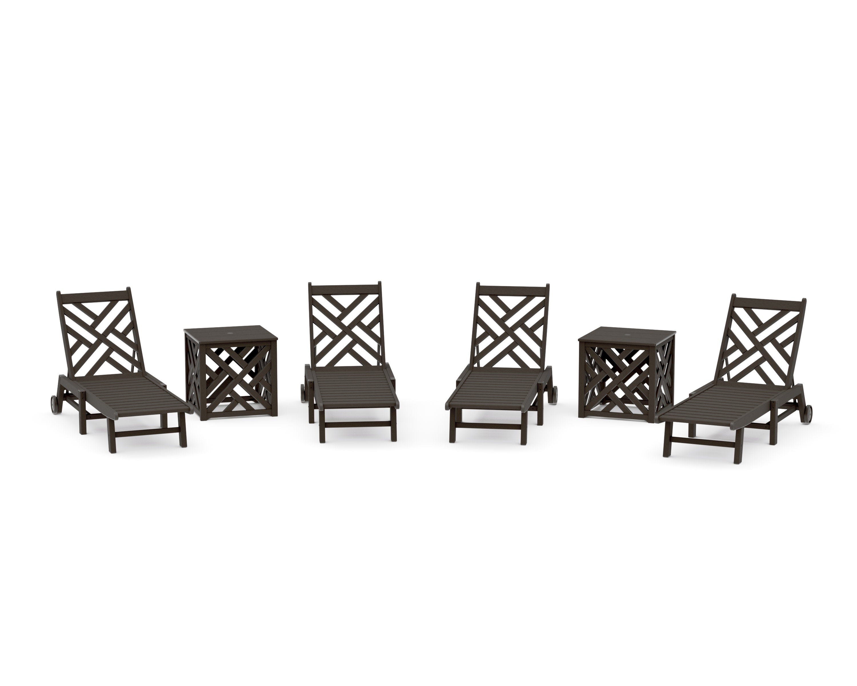 Chippendale 6-Piece Chaise Set with Wheels and Umbrella Stand Accent Table in Vintage Coffee