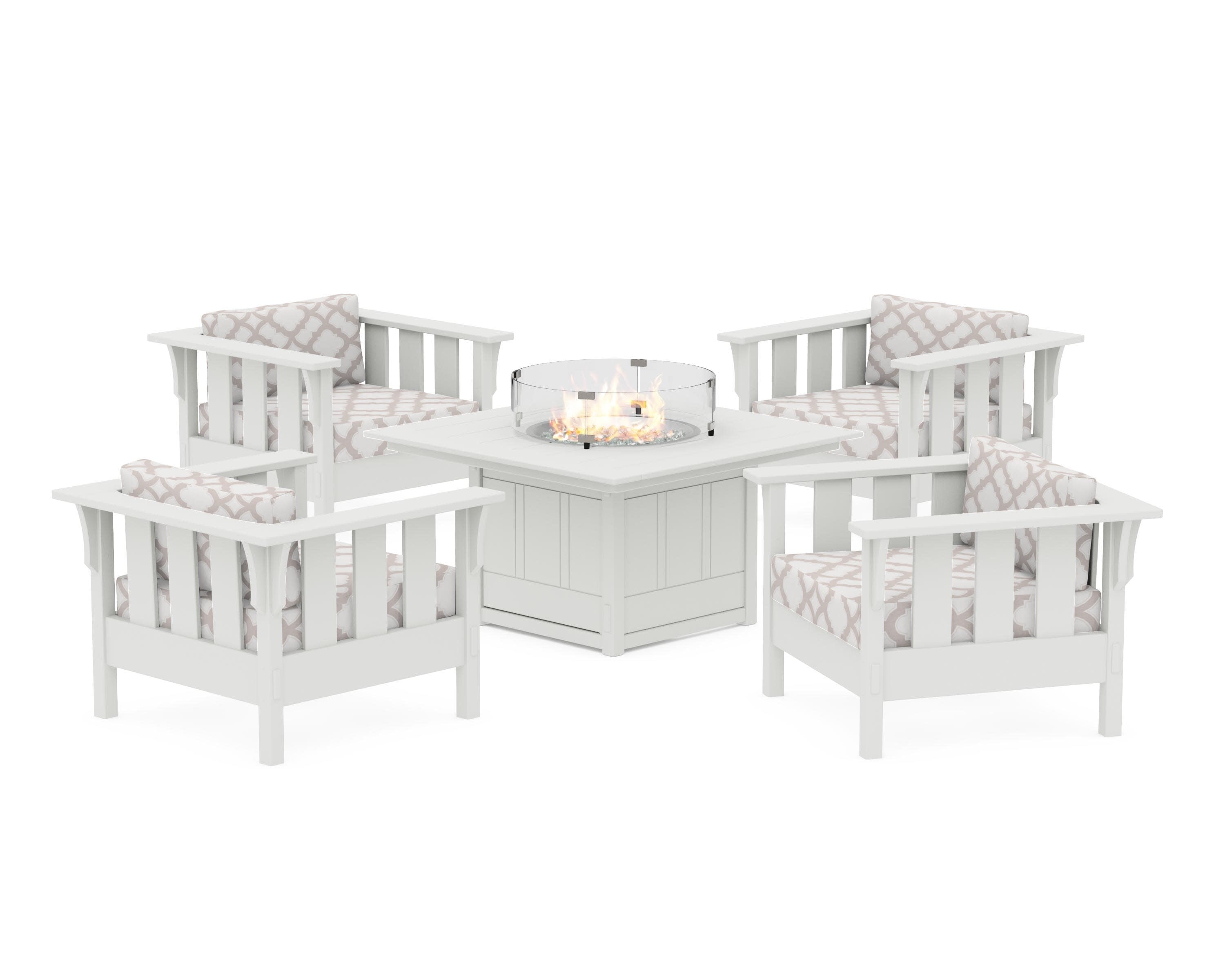 Acadia 5-Piece Deep Seating Set with Fire Pit Table in White / Trellis Dune Burlap